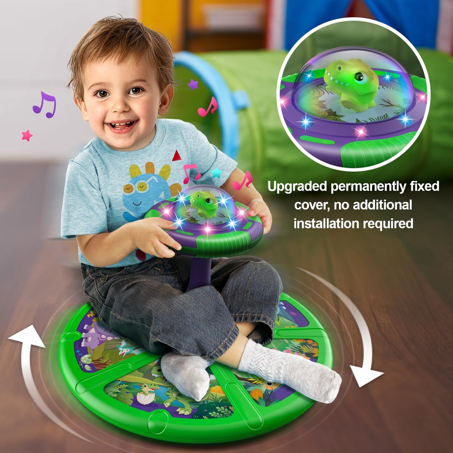 Flooyes Dinosaur Sit and Spin Toy for Toddlers – LED Lights, Music, 360° Spin | Gift for 1–4 Year Olds