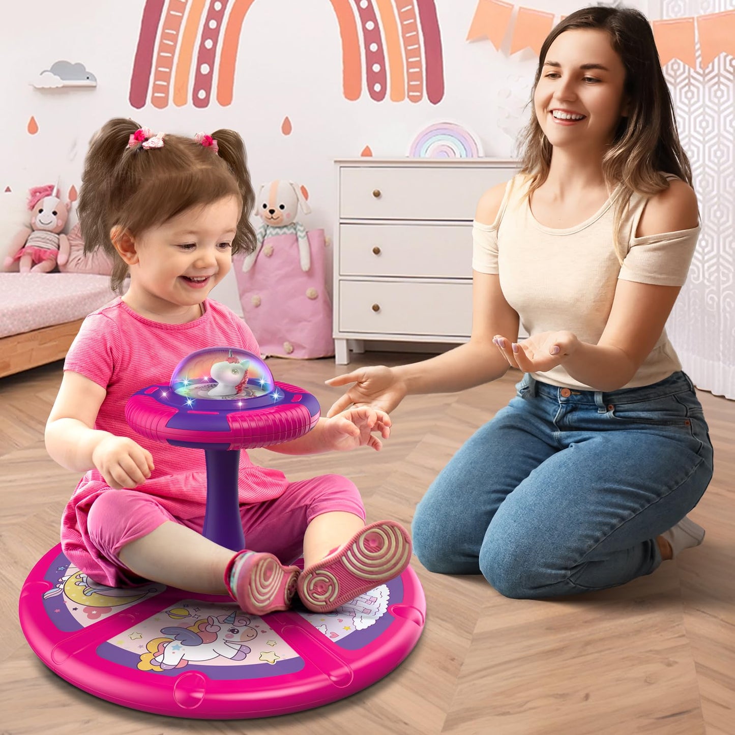 Flooyes Unicorn Sit and Spin Toy for Toddlers – LED Lights, Music, 360° Spin