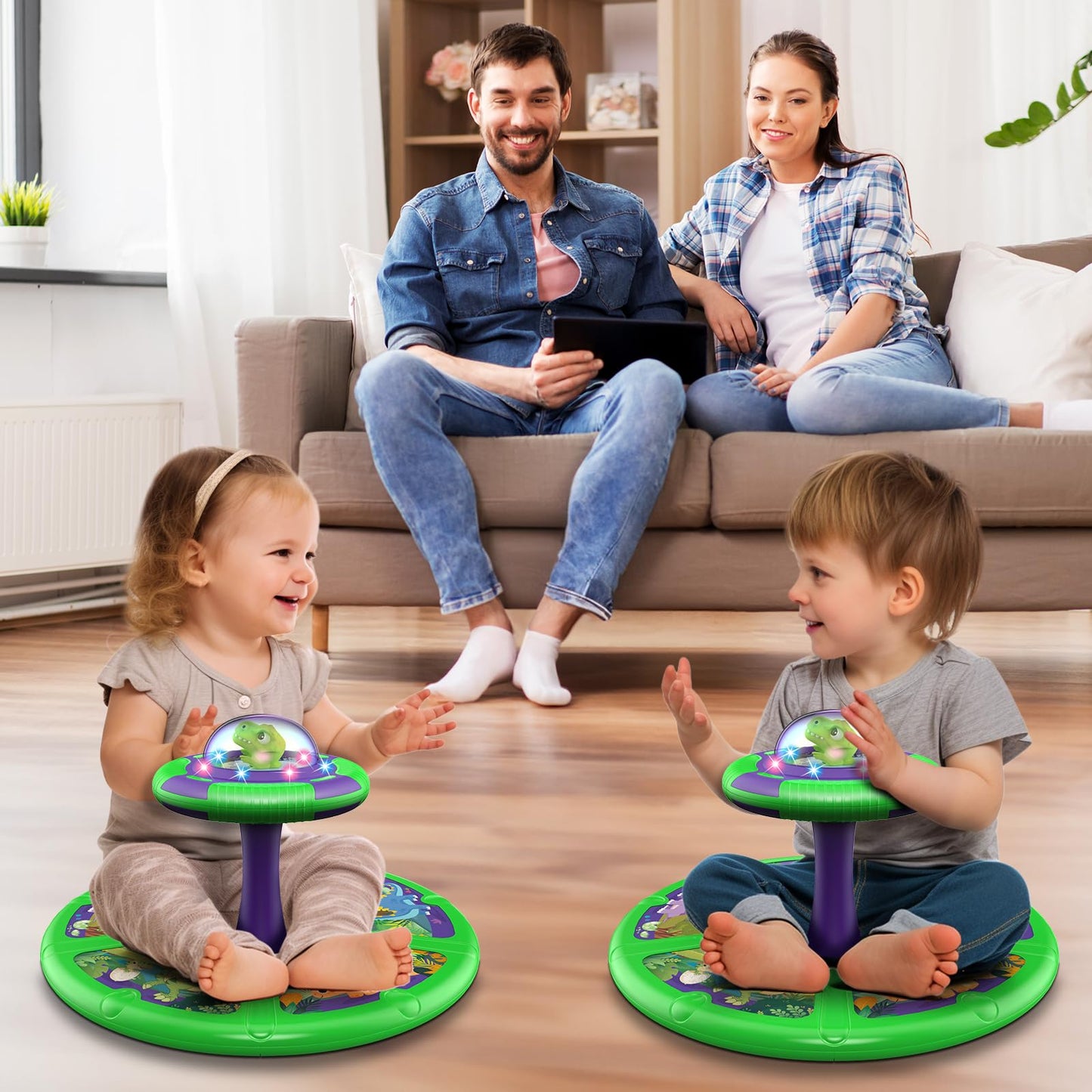 Flooyes Dinosaur Sit and Spin Toy for Toddlers – LED Lights, Music, 360° Spin | Gift for 1–4 Year Olds