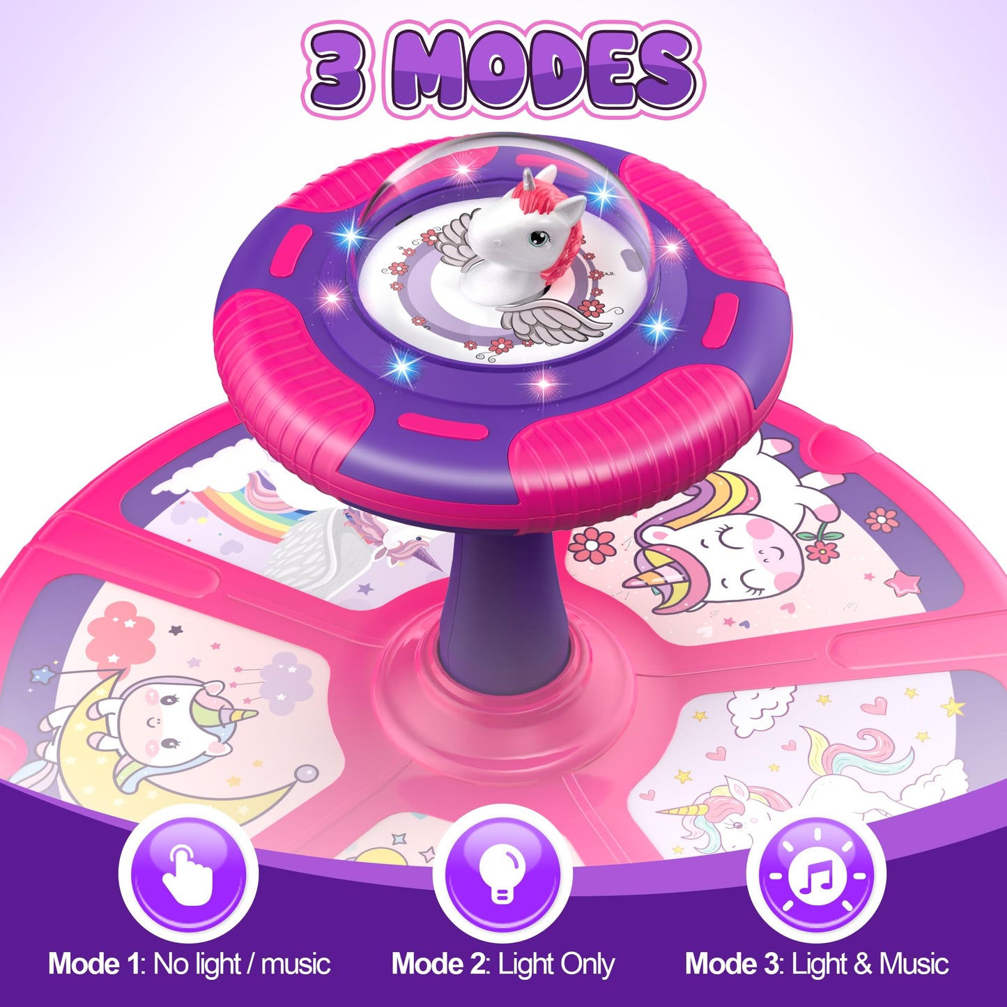 Flooyes Unicorn Sit and Spin Toy for Toddlers – LED Lights, Music, 360° Spin