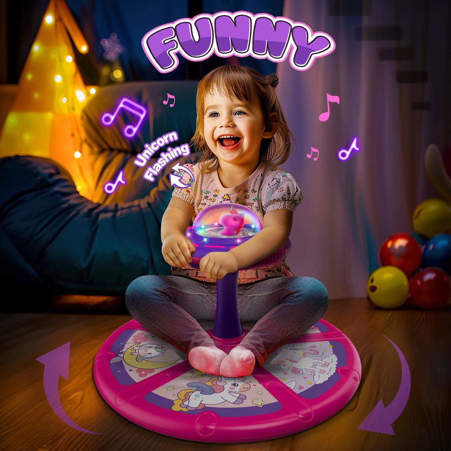 Flooyes Unicorn Sit and Spin Toy for Toddlers – LED Lights, Music, 360° Spin