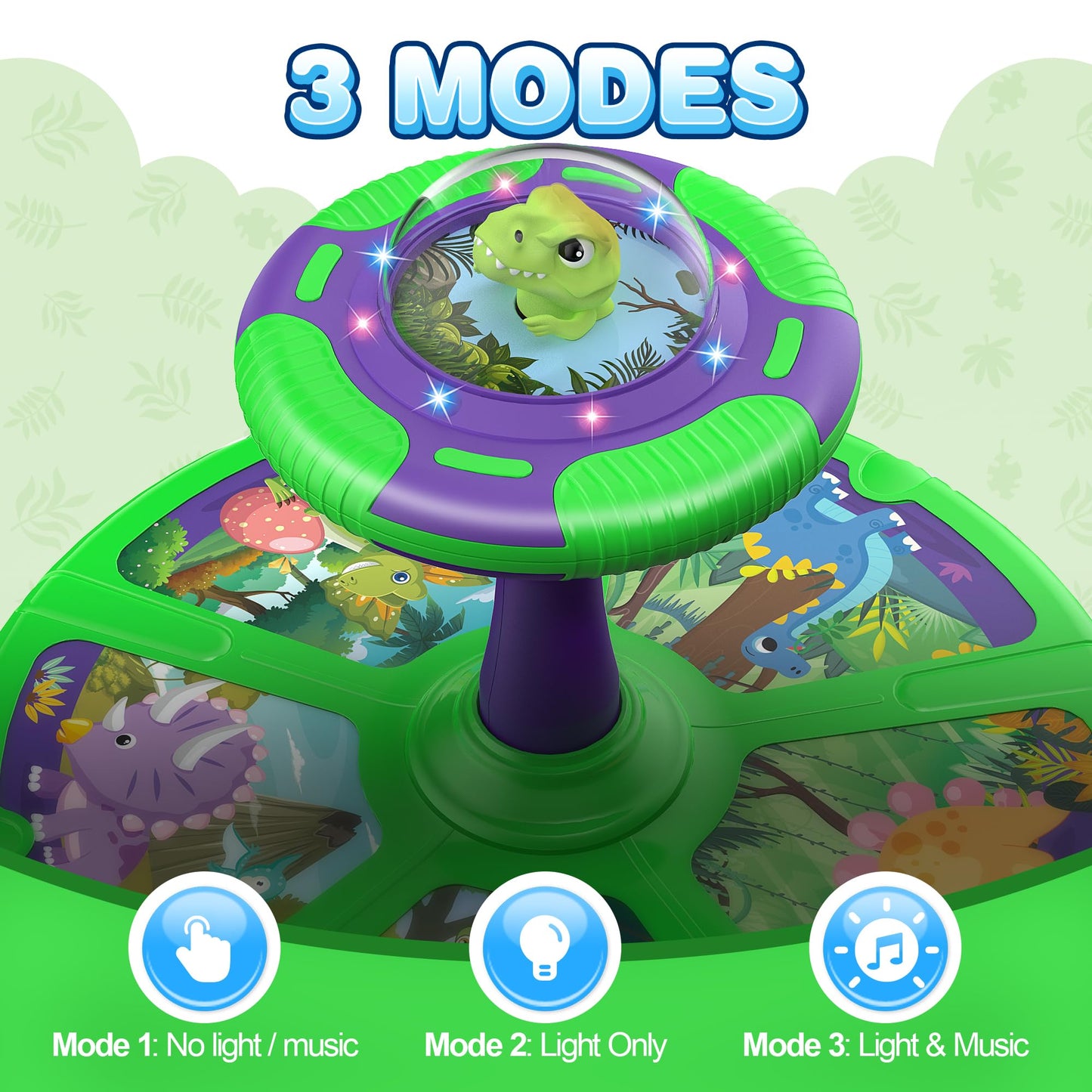 Flooyes Dinosaur Sit and Spin Toy for Toddlers – LED Lights, Music, 360° Spin | Gift for 1–4 Year Olds