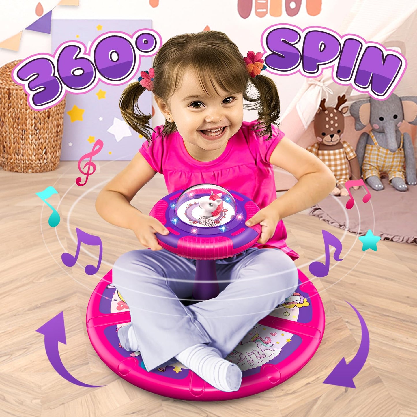 Flooyes Unicorn Sit and Spin Toy for Toddlers – LED Lights, Music, 360° Spin