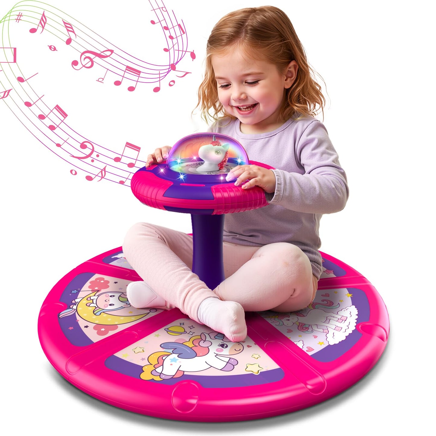 Flooyes Unicorn Sit and Spin Toy for Toddlers – LED Lights, Music, 360° Spin