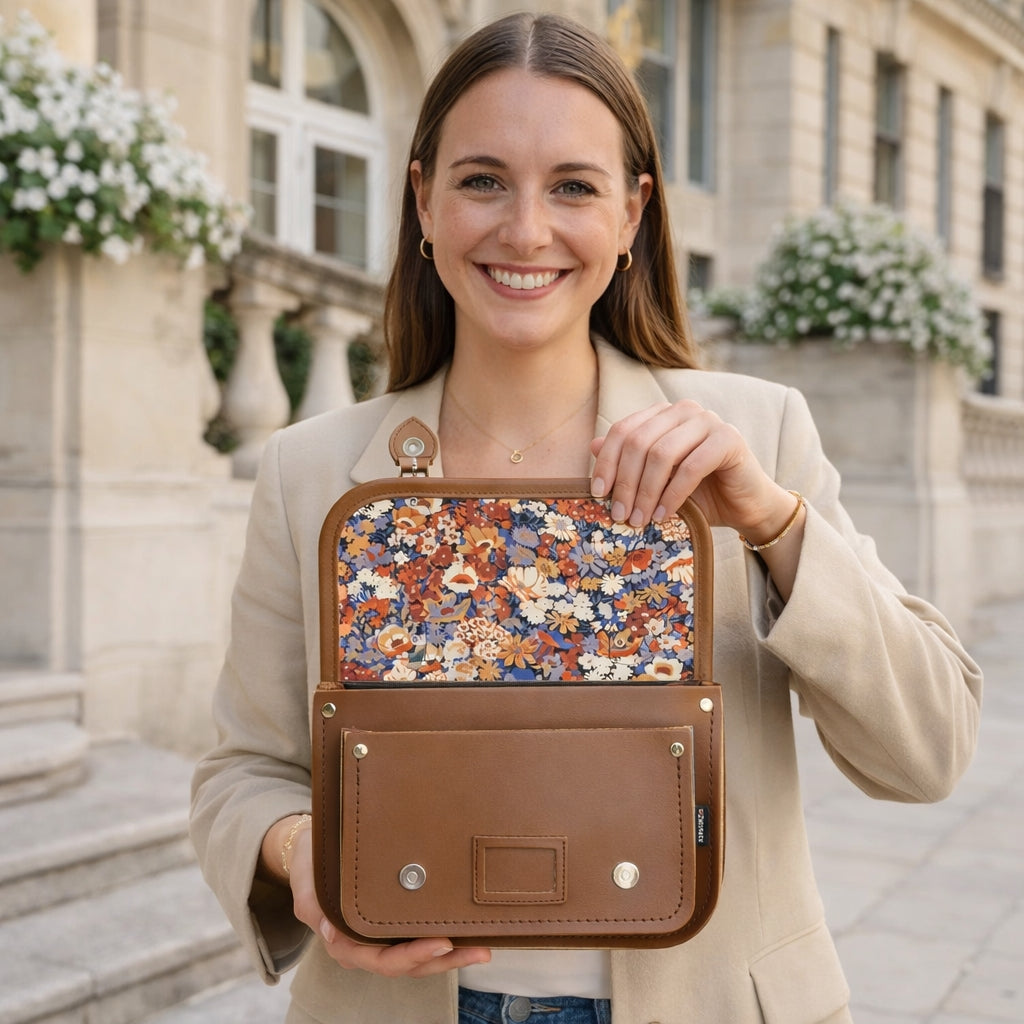 Floral Lined Leather Midi Satchel - Chestnut