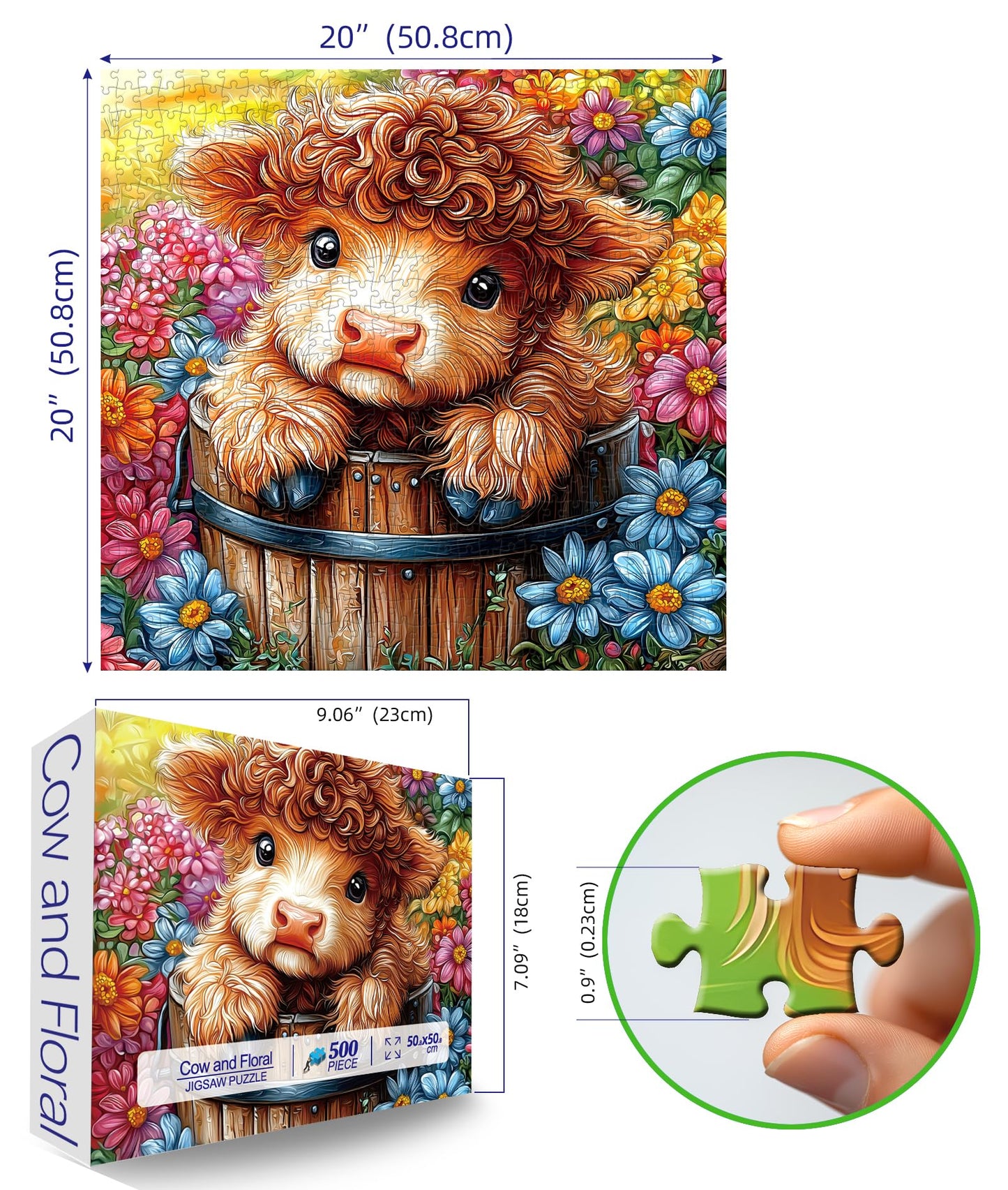 MINIWAN Highland Cow 500-Piece Puzzle for Adults – Floral Garden Jigsaw (20x20)