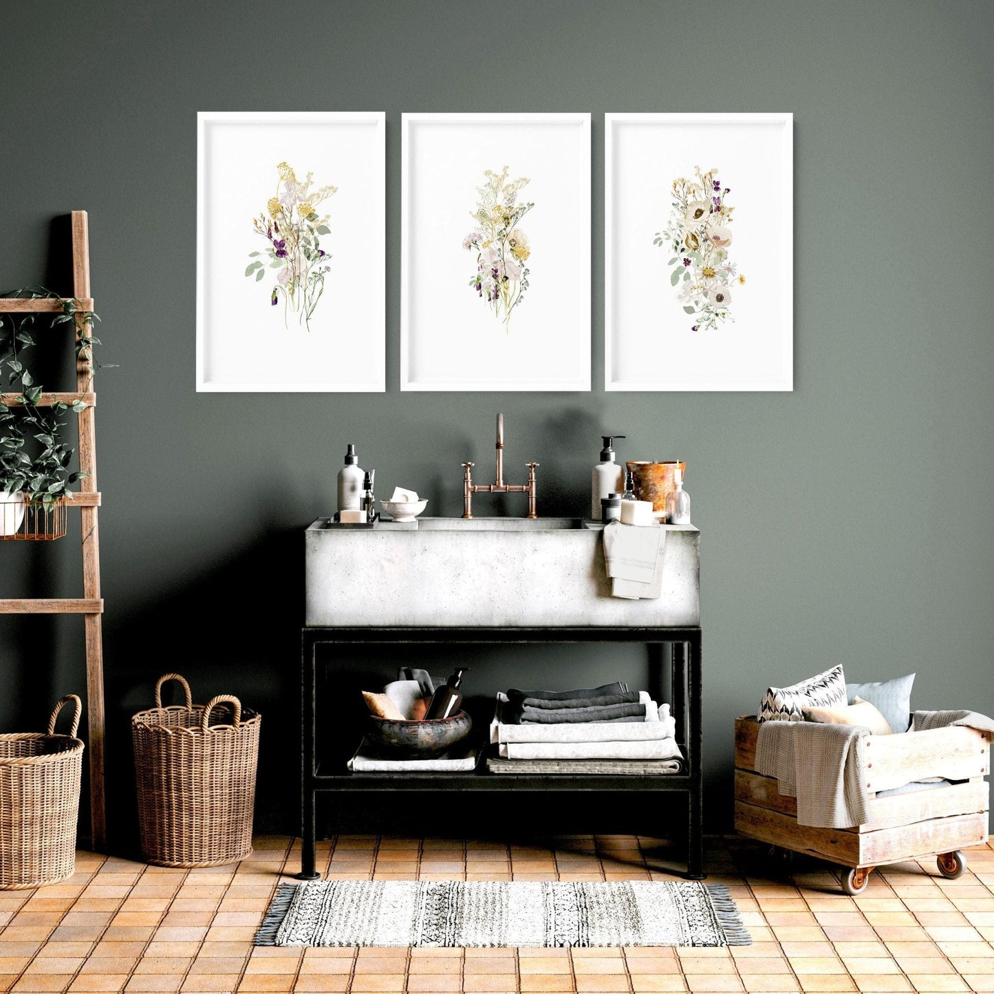 Toilet wall decoration | Set of 3 Floral wall art prints