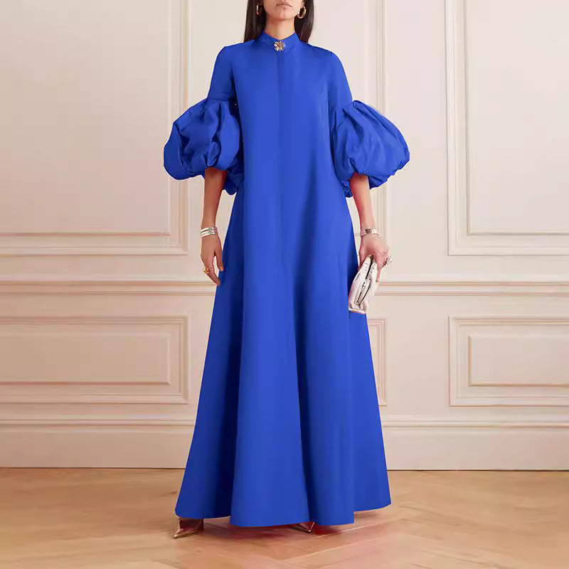 Floral Sleeved Solid Colour Lapel Evening Dress