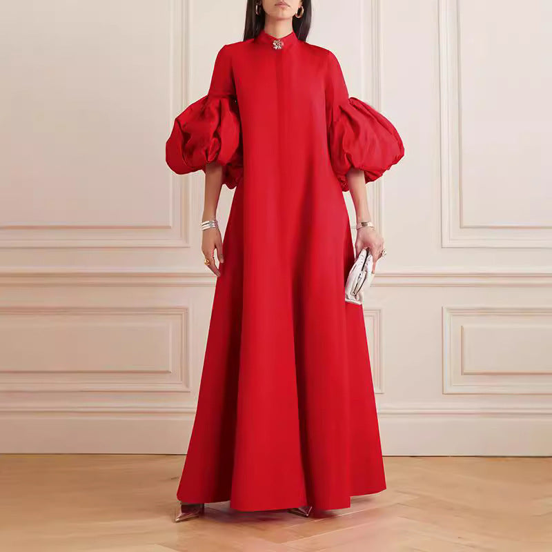 Floral Sleeved Solid Colour Lapel Evening Dress