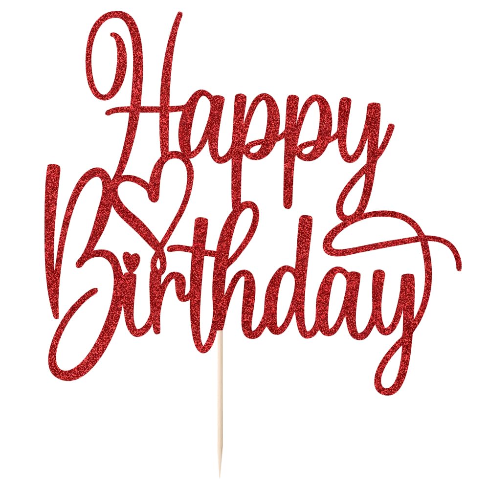 Florcmet Handmade Glitter Happy Birthday Cake Topper - Red, Pre-Assembled, 5.4 x 5.0 in