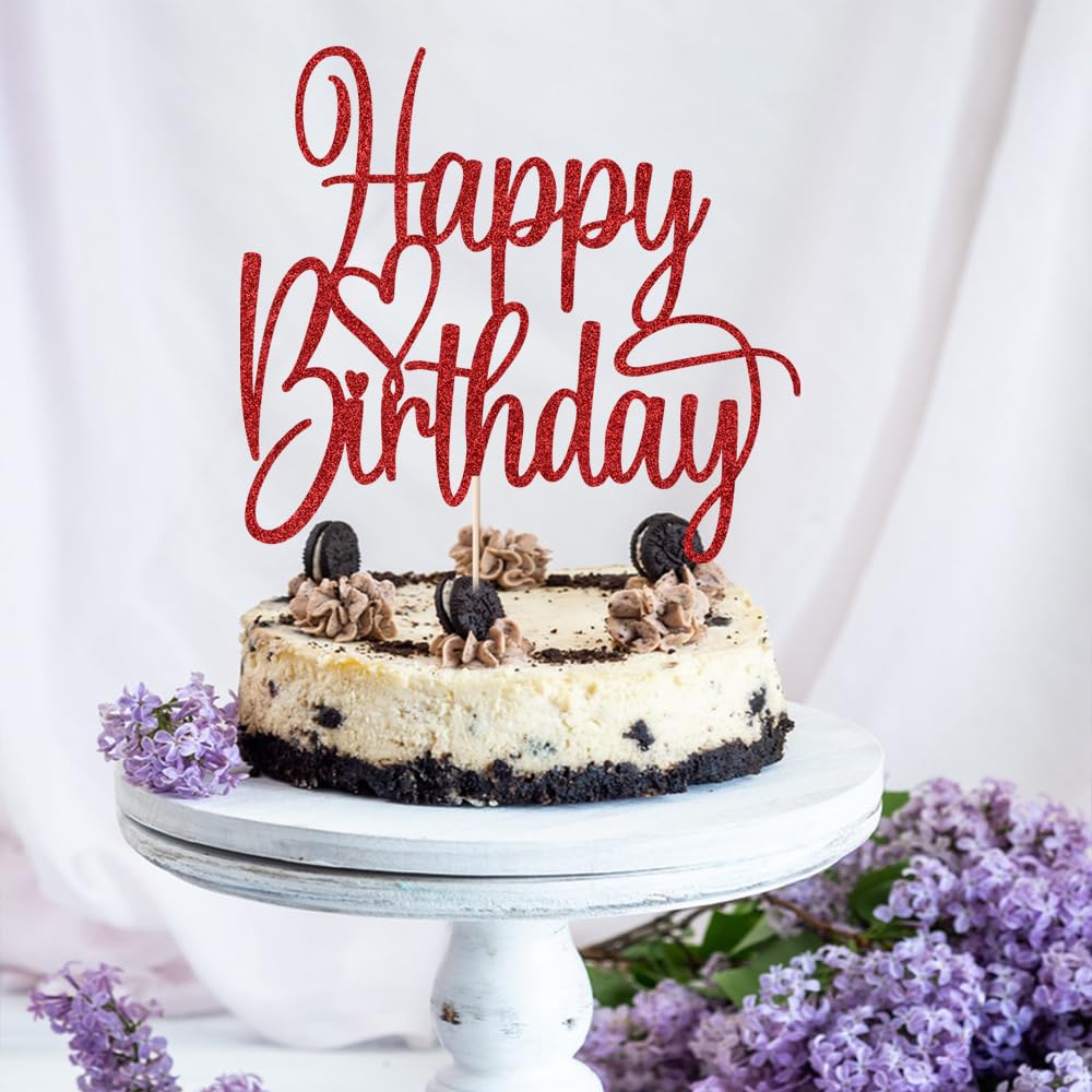 Florcmet Handmade Glitter Happy Birthday Cake Topper - Red, Pre-Assembled, 5.4 x 5.0 in