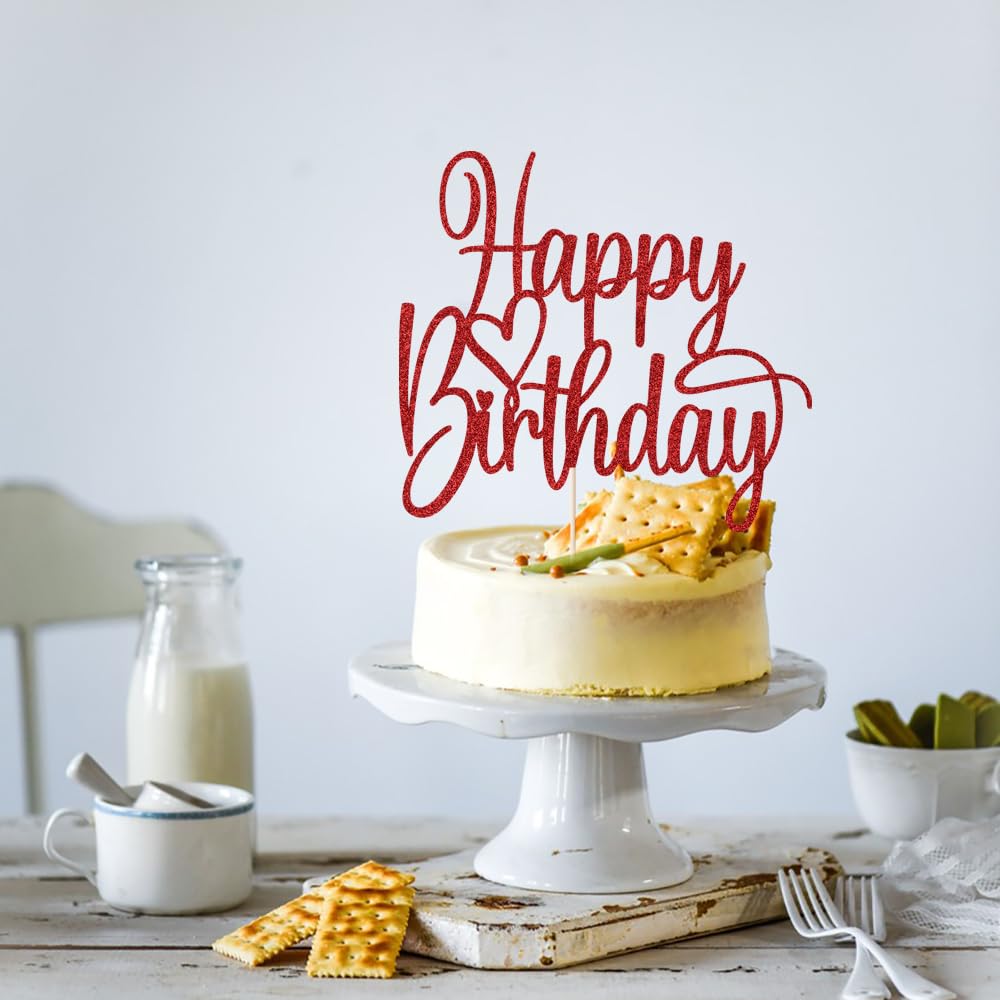 Florcmet Handmade Glitter Happy Birthday Cake Topper - Red, Pre-Assembled, 5.4 x 5.0 in