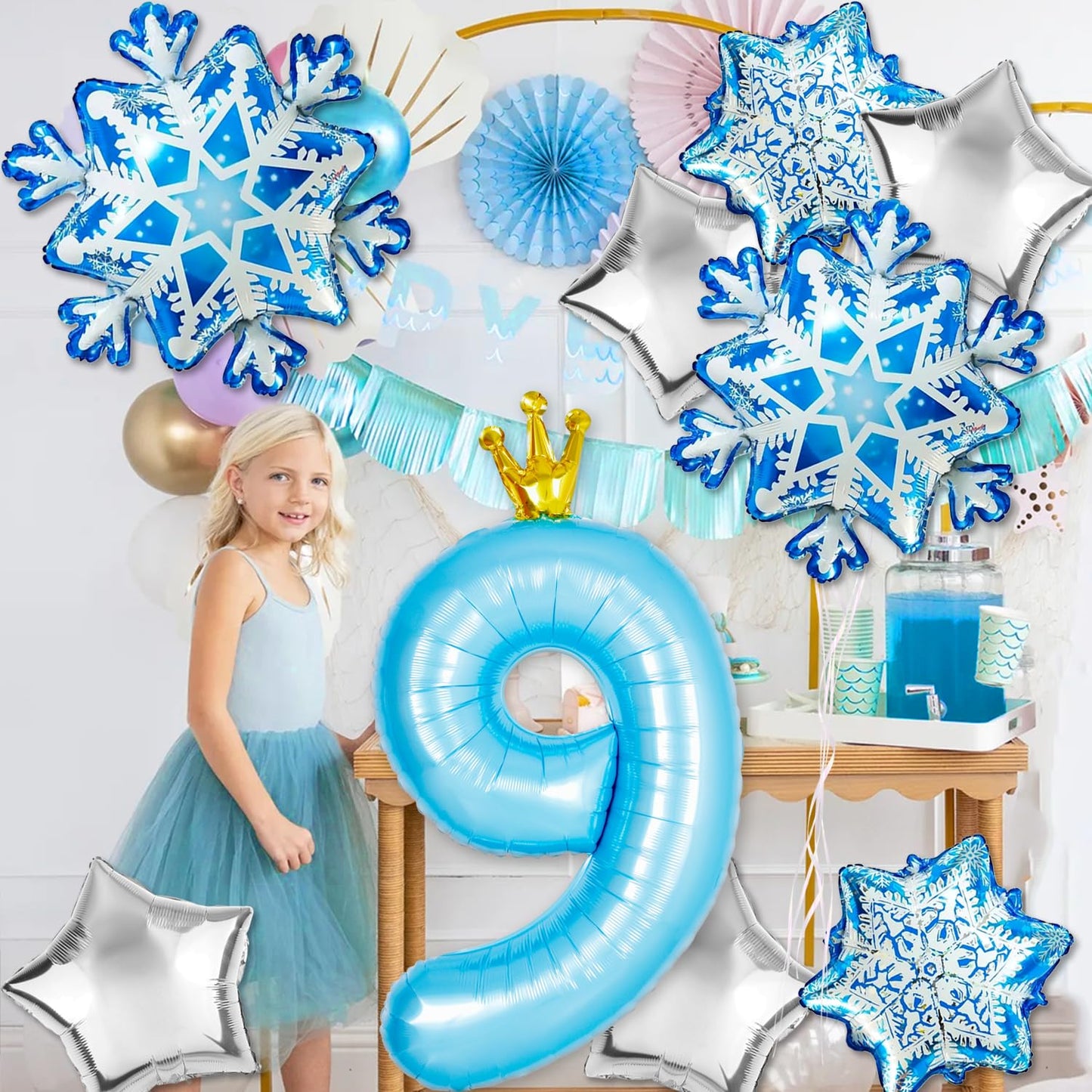 Florisland Frozen 9th Birthday Balloon 9e3 40-inch Elsa Crown Snowflake Foil Mylar Balloon