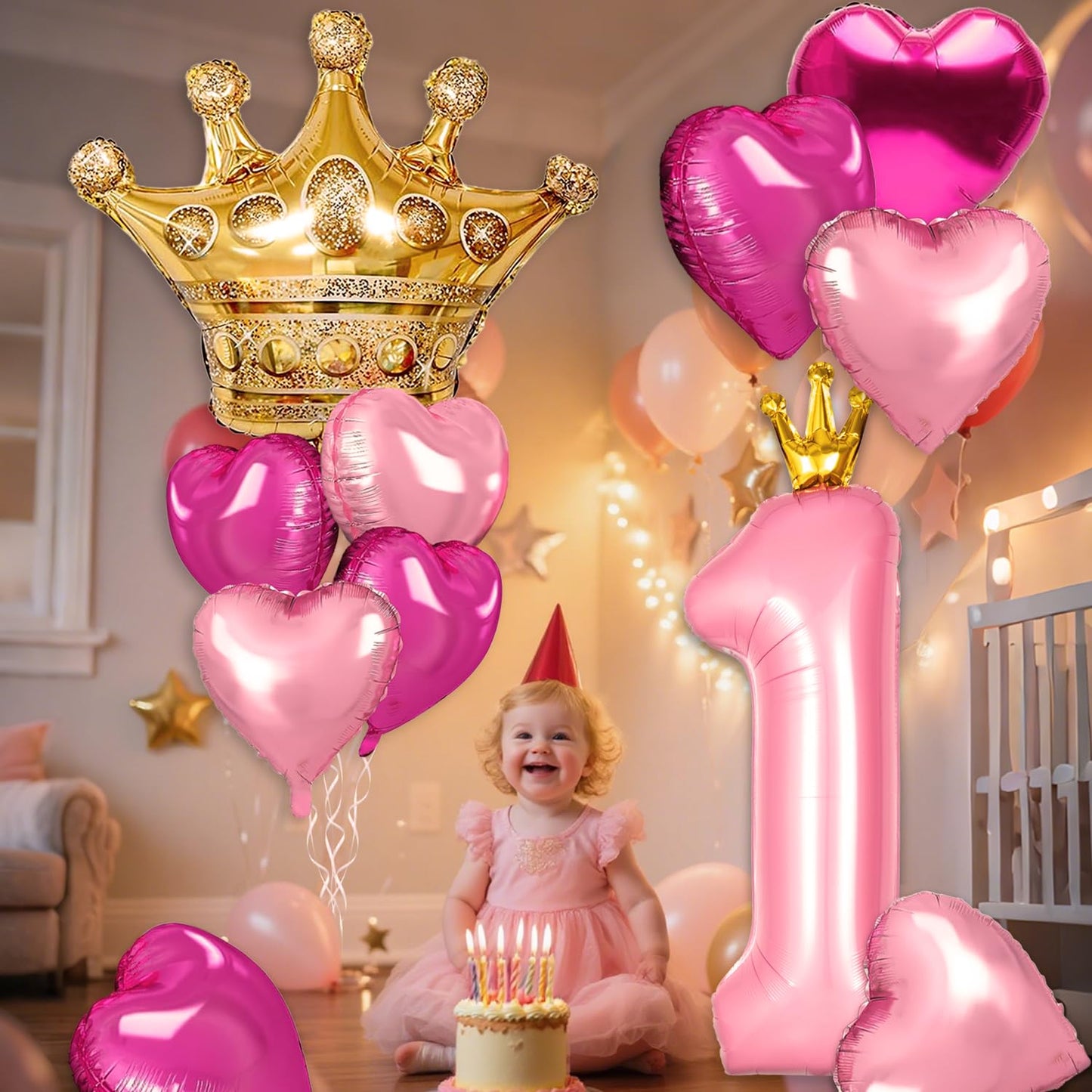 Florisland Princess 2nd Birthday Decorations — 40in Pink Crown Balloon Set & Royal Party Supplies