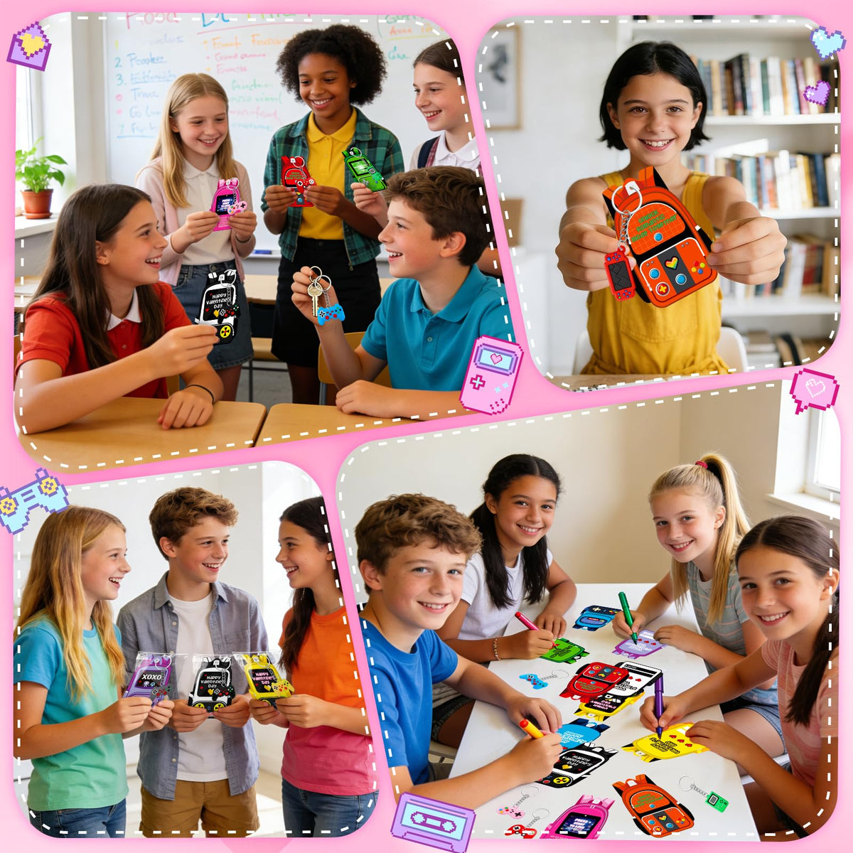 FlorWave 32-Pack Valentines Day Cards for Kids – Video Game Keychains & Backpack Cards