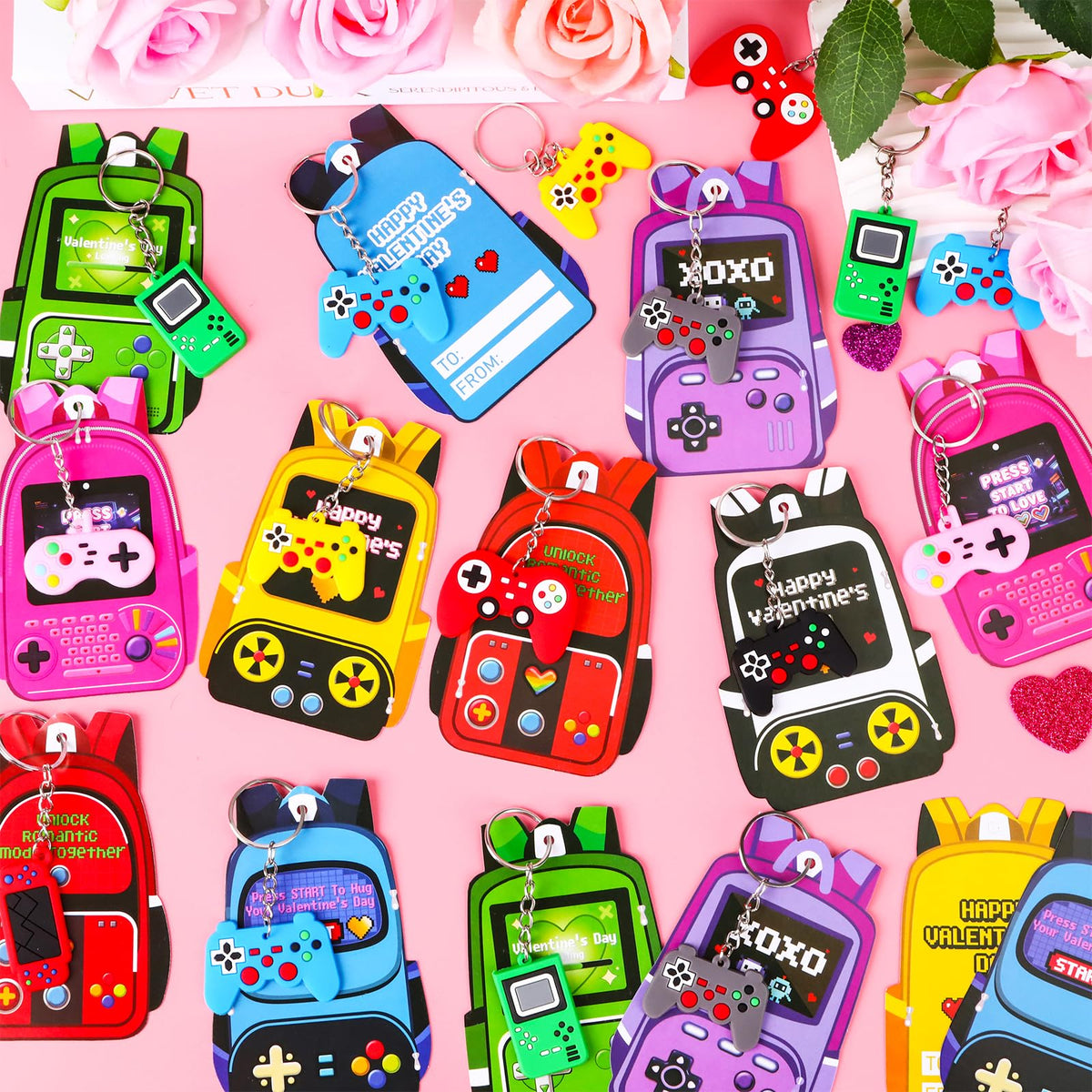 FlorWave 32-Pack Valentines Day Cards for Kids – Video Game Keychains & Backpack Cards