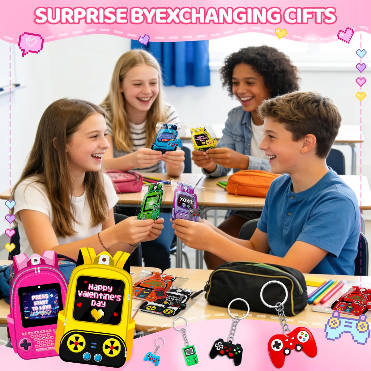 FlorWave 32-Pack Valentines Day Cards for Kids – Video Game Keychains & Backpack Cards