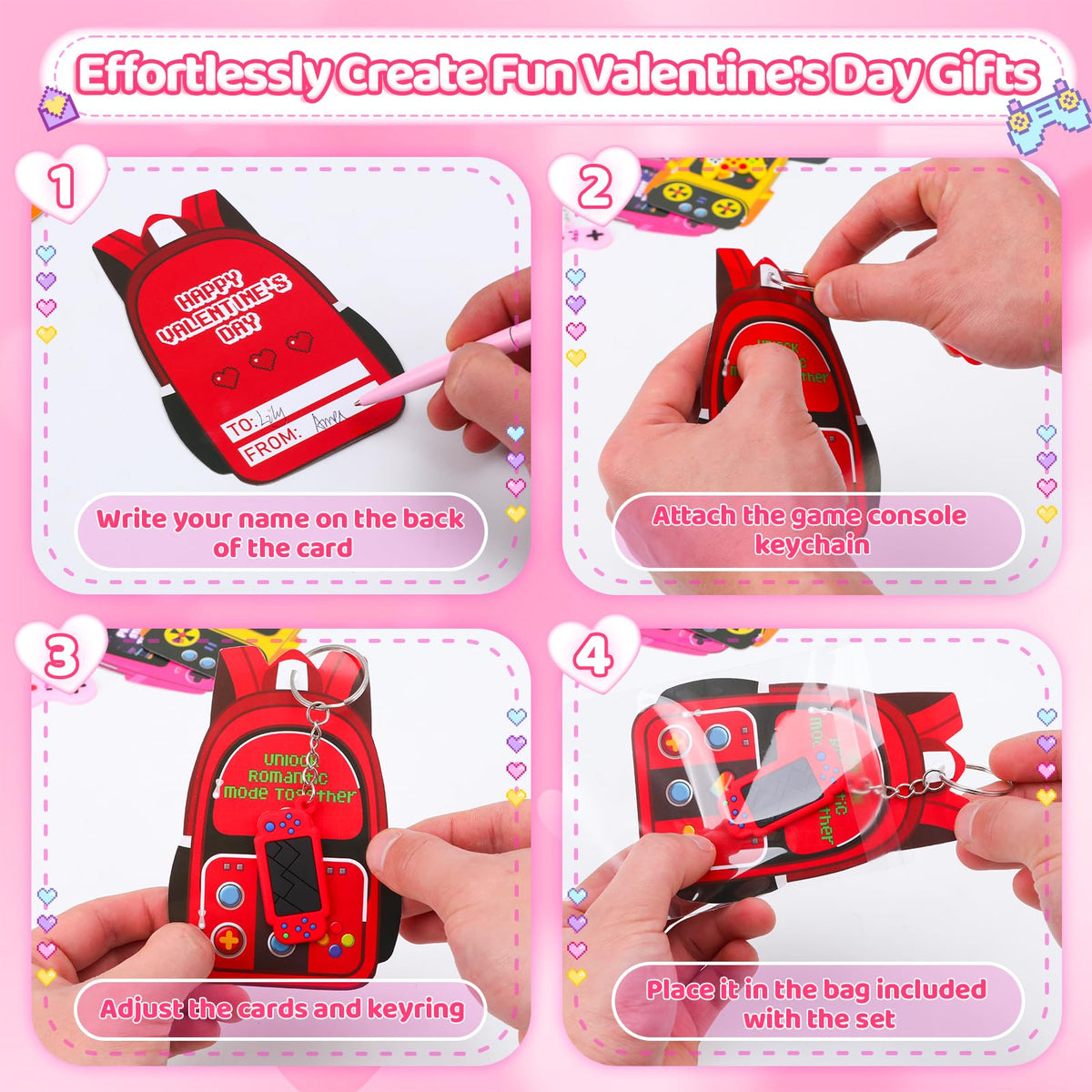 FlorWave 32-Pack Valentines Day Cards for Kids – Video Game Keychains & Backpack Cards