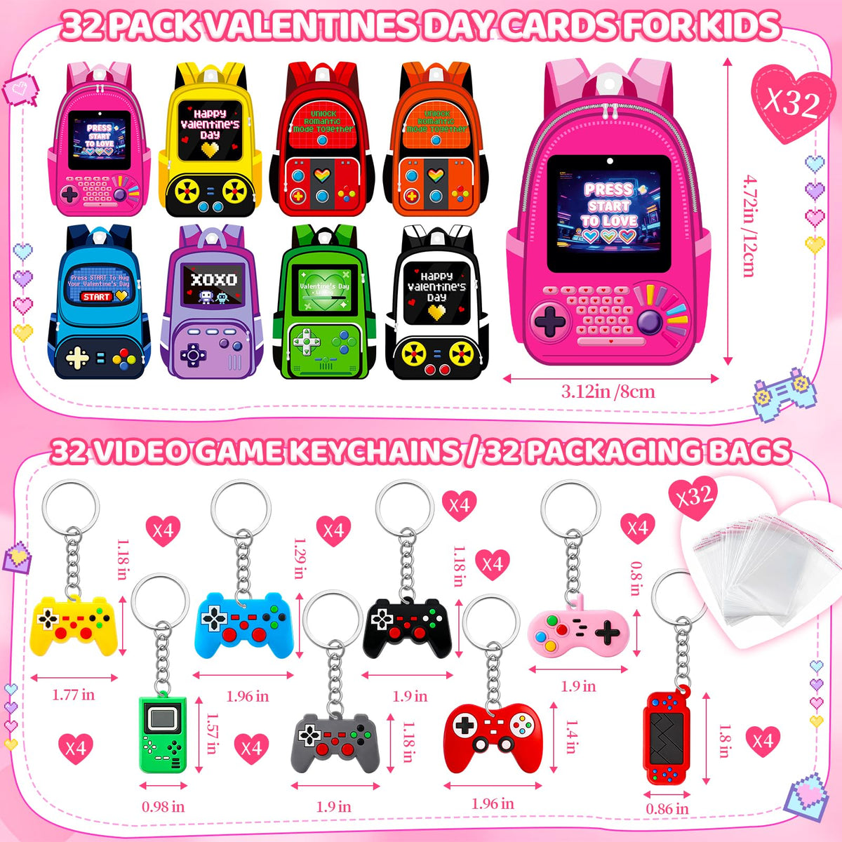FlorWave 32-Pack Valentines Day Cards for Kids – Video Game Keychains & Backpack Cards