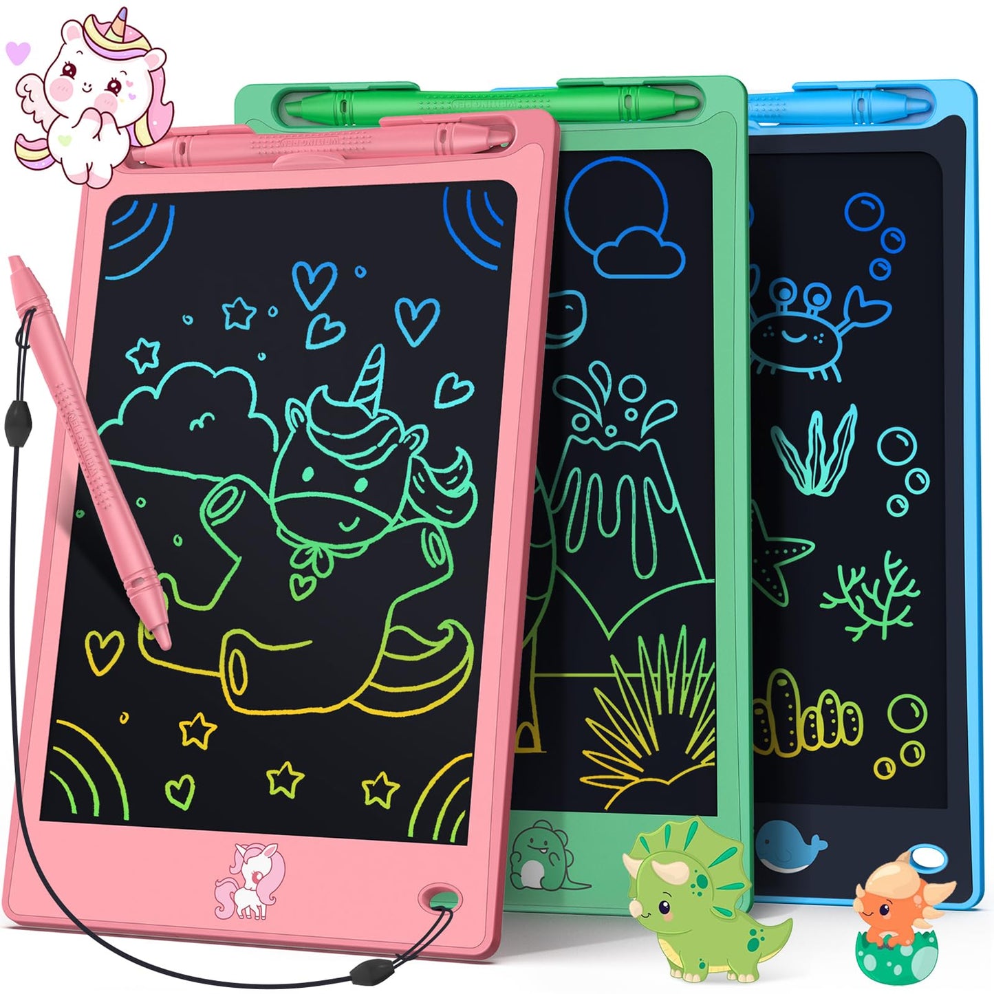 FLUESTON 8.8-Inch LCD Writing Tablet for Kids – 3-Pack Drawing Pads (Unicorn, Whale, Dinosaur)