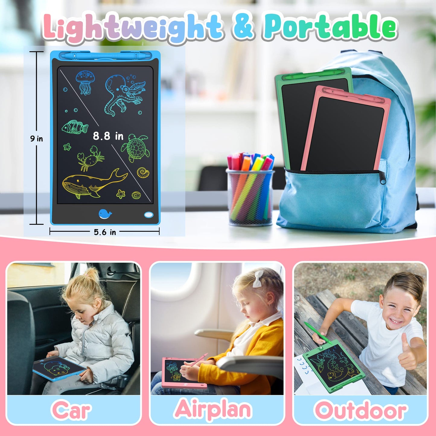 FLUESTON 8.8-Inch LCD Writing Tablet for Kids – 3-Pack Drawing Pads (Unicorn, Whale, Dinosaur)
