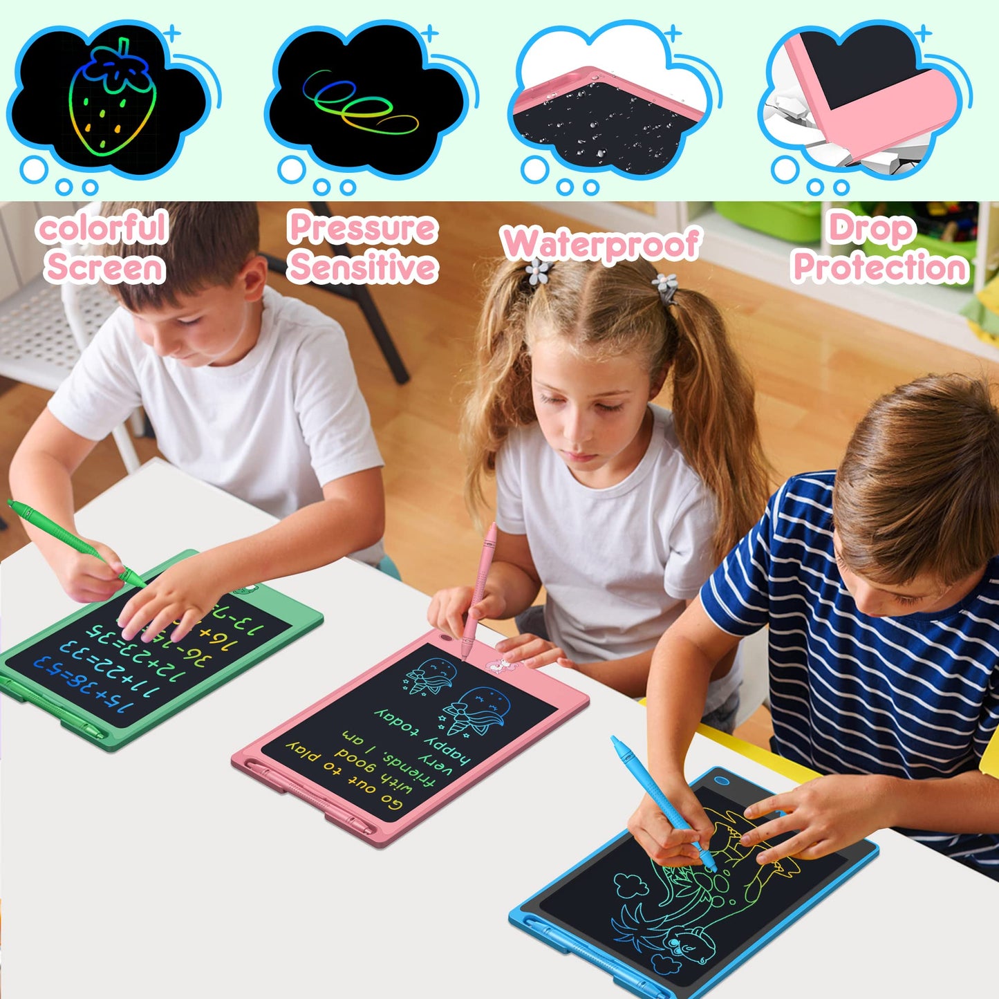FLUESTON 8.8-Inch LCD Writing Tablet for Kids – 3-Pack Drawing Pads (Unicorn, Whale, Dinosaur)