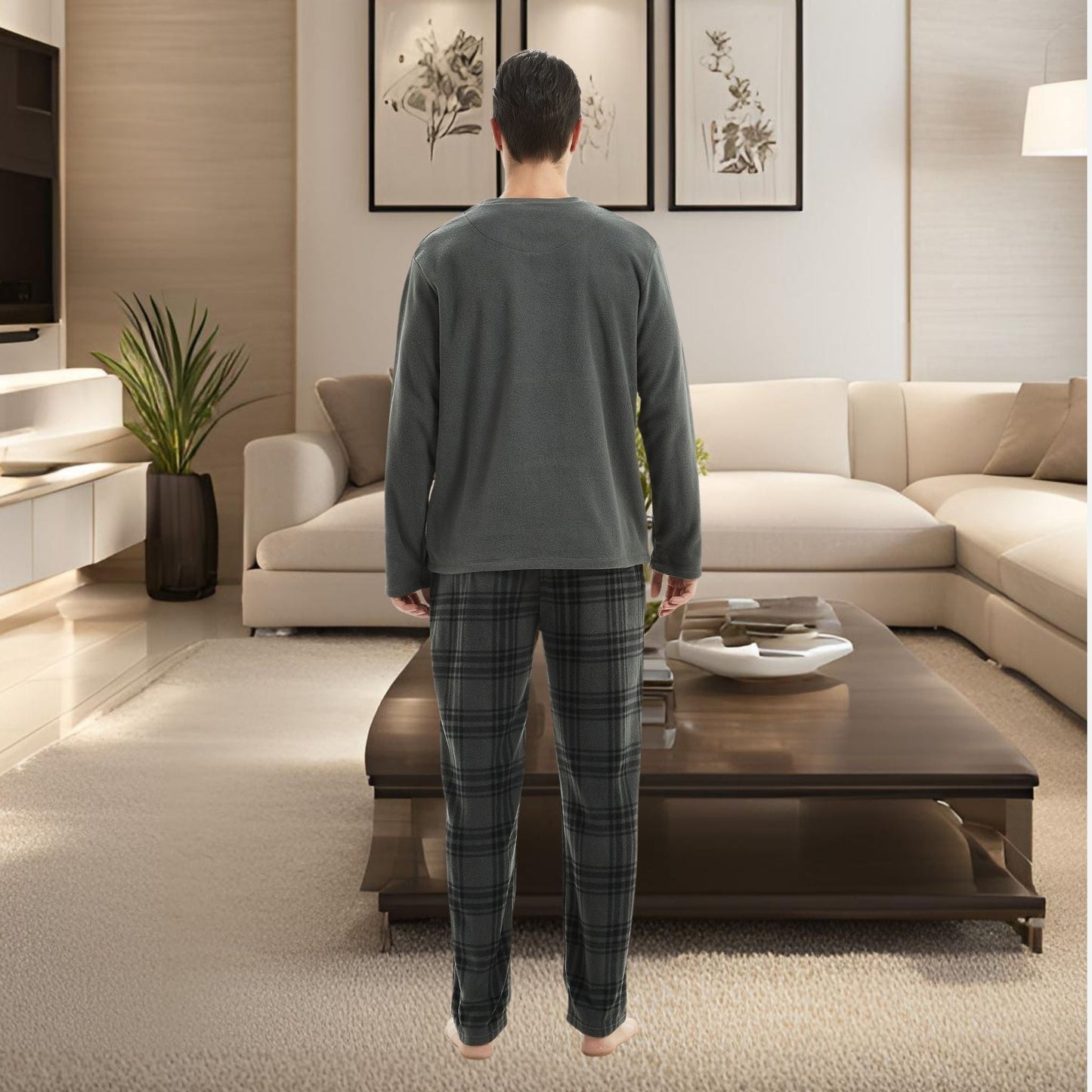 Fluffy Men's Fleece Pajama Set, Thermal Pyjamas in Grey Check.
