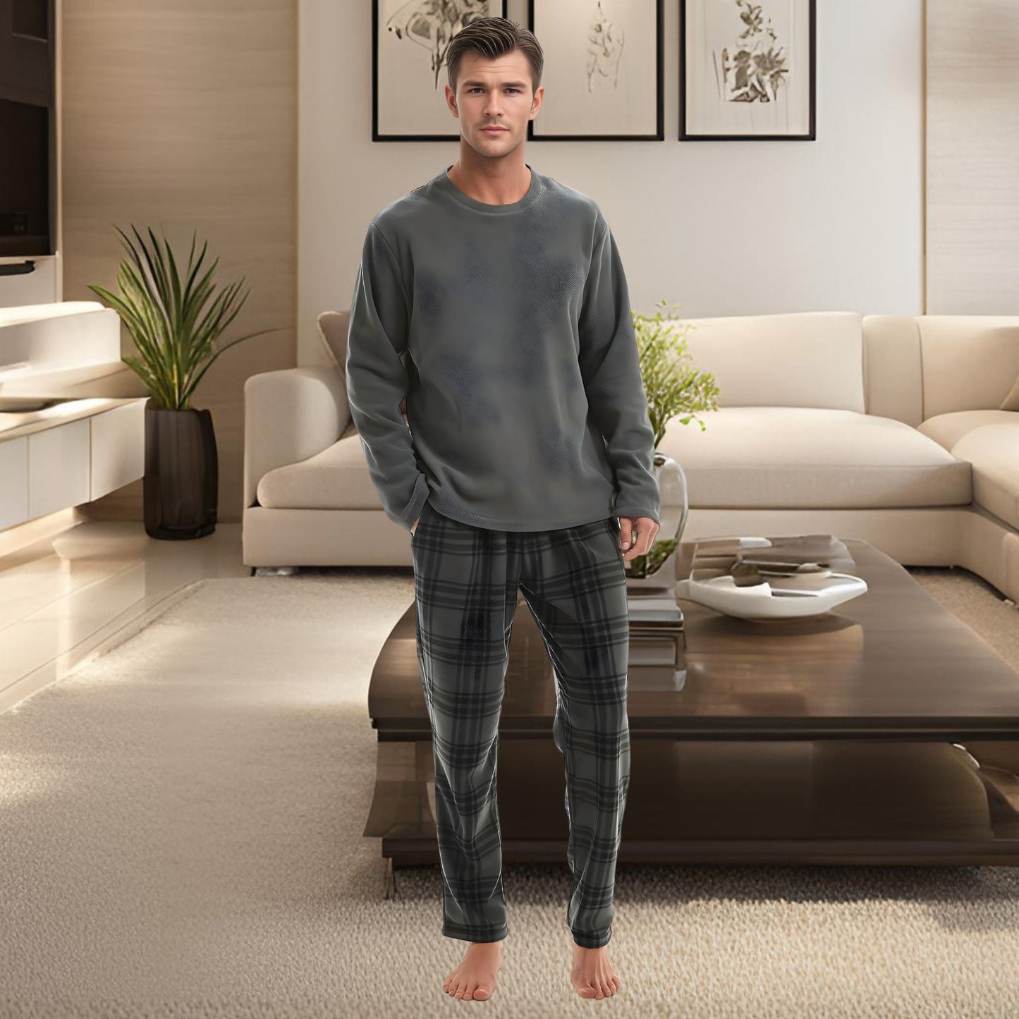 Fluffy Men's Fleece Pajama Set, Thermal Pyjamas in Grey Check.