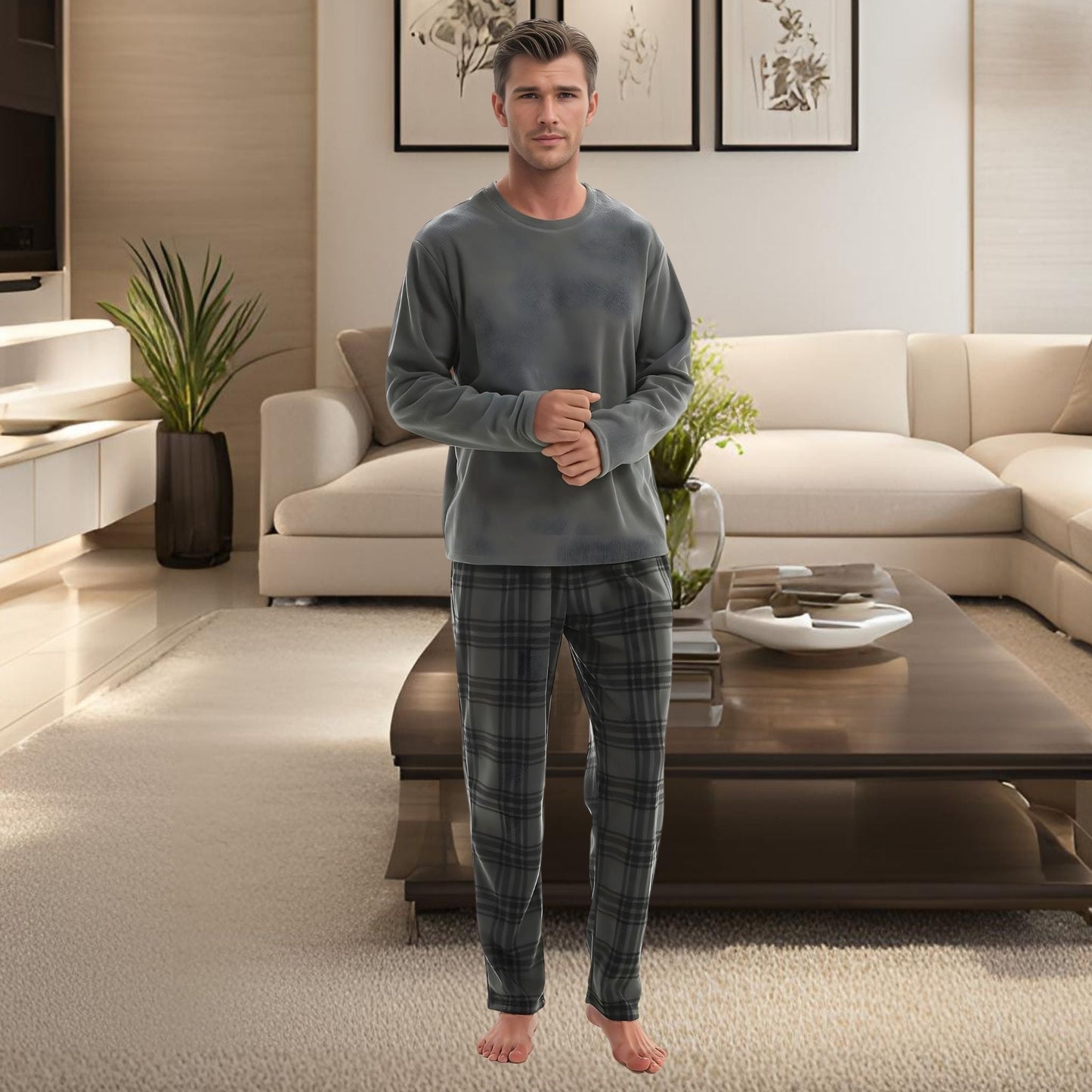 Fluffy Men's Fleece Pajama Set, Thermal Pyjamas in Grey Check.