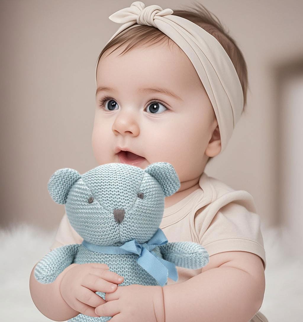 FLUFFYFUN 100% Organic Cotton Blue Teddy Bear Plush – 6.5-inch & 9-inch for Newborns