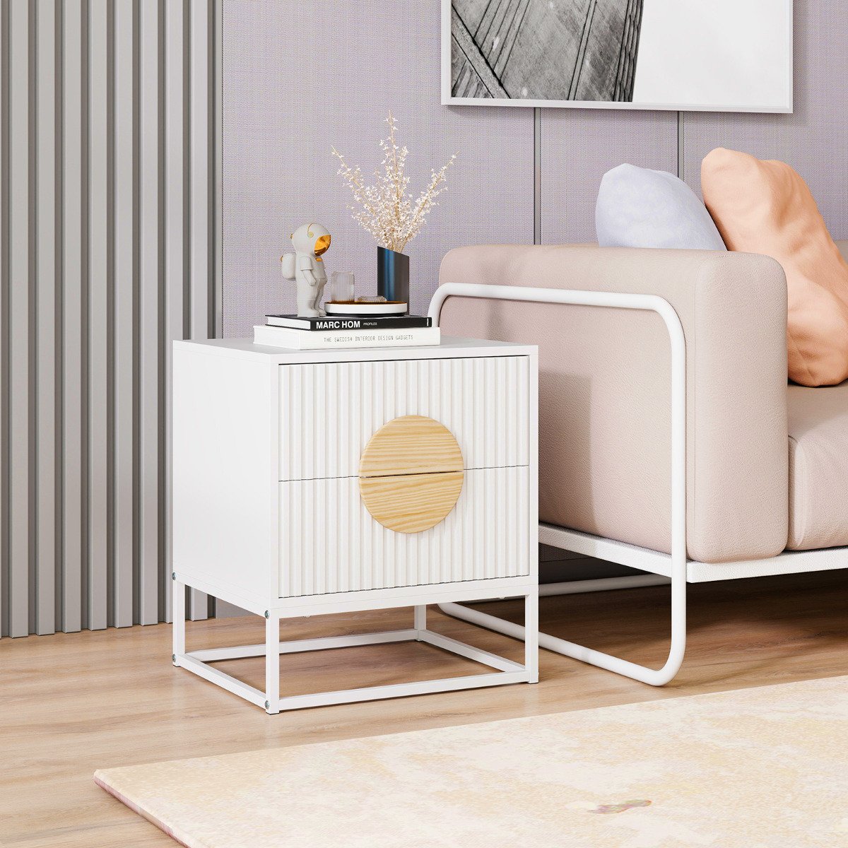 Fluted Nightstand Modern Mid Century Side Table-Black