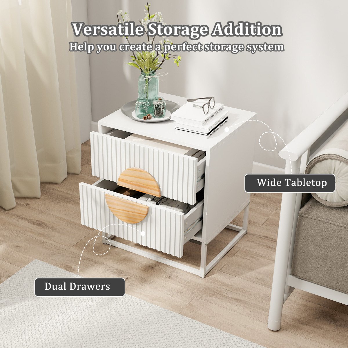 Fluted Nightstand Modern Mid Century Side Table-Black
