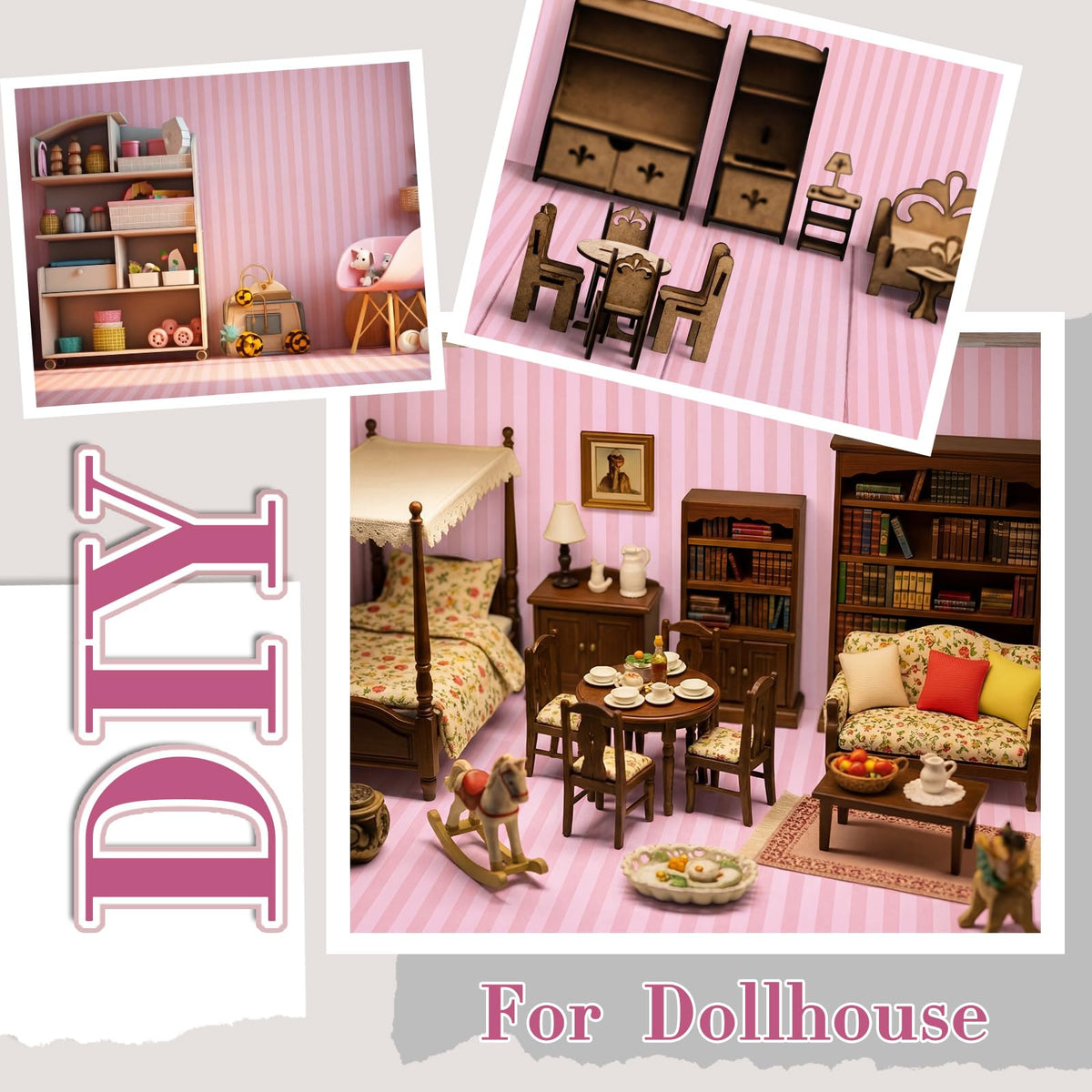Flutesan 12-Pcs Dollhouse Wallpaper & Self-Adhesive Flooring – Pink Stripes