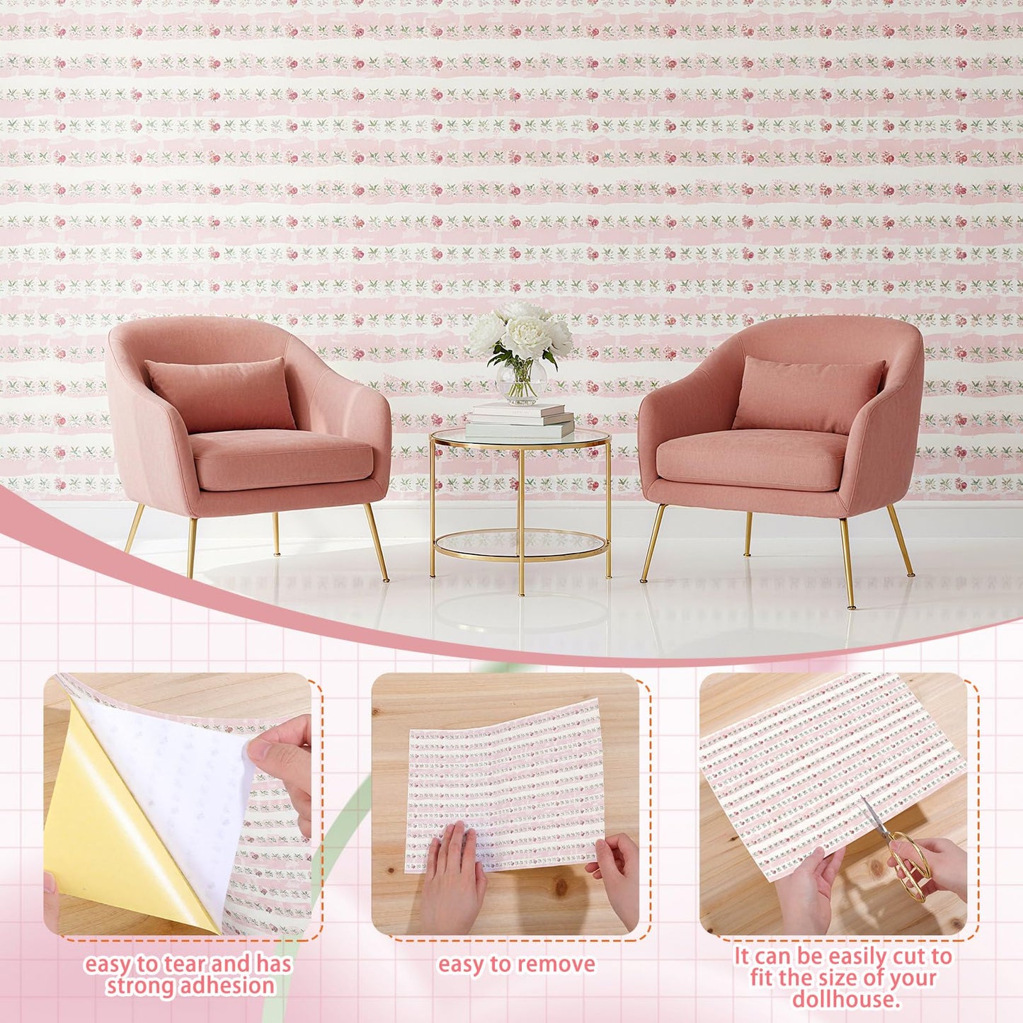 Flutesan 3 Pcs Dollhouse Wallpaper and Flooring Peel & Stick - 1:12 Scale, Pink Flower