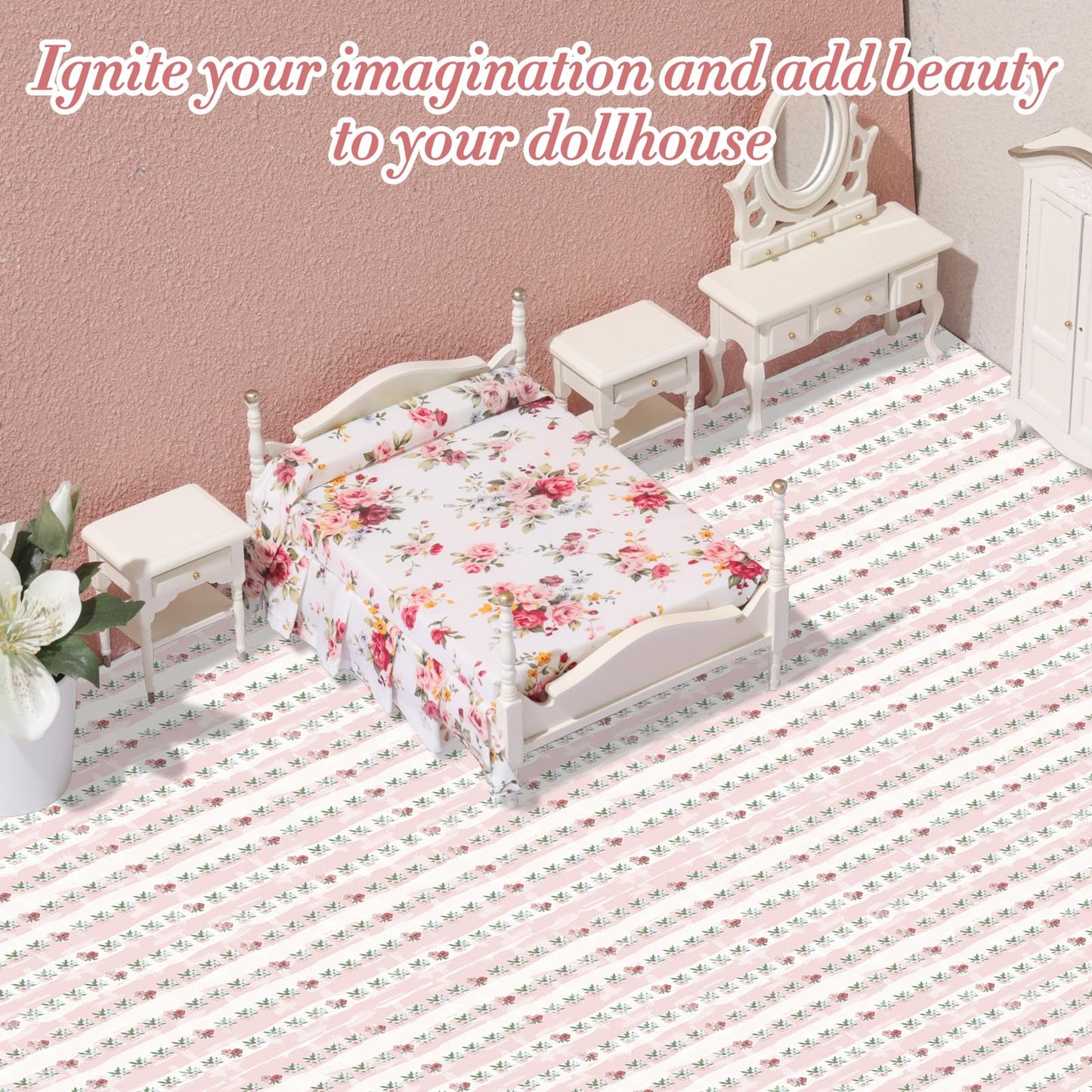 Flutesan 3 Pcs Dollhouse Wallpaper and Flooring Peel & Stick - 1:12 Scale, Pink Flower