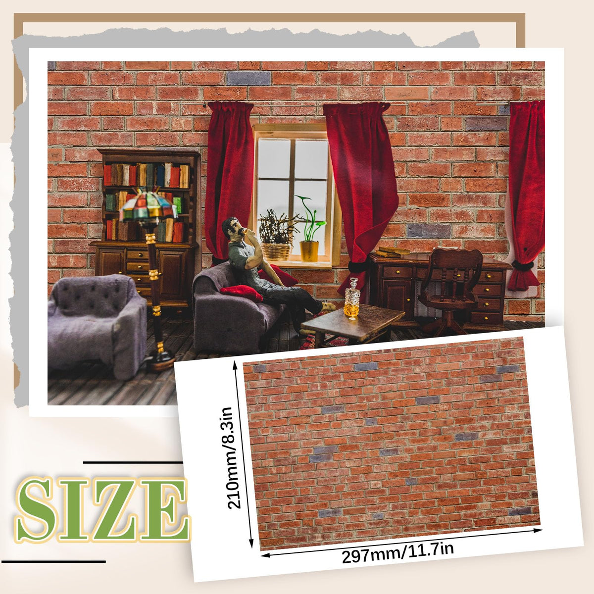 Flutesan 12-Pcs Red Clinker Dollhouse Wallpaper & Self-Adhesive Flooring – Peel & Stick
