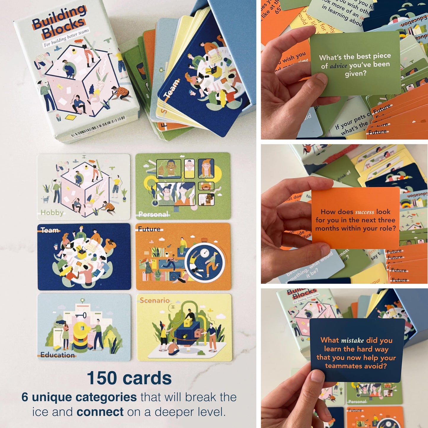 FLUYTCO Building Blocks: Team Building Card Game for Work – 150 Ice Breakers & Prompts