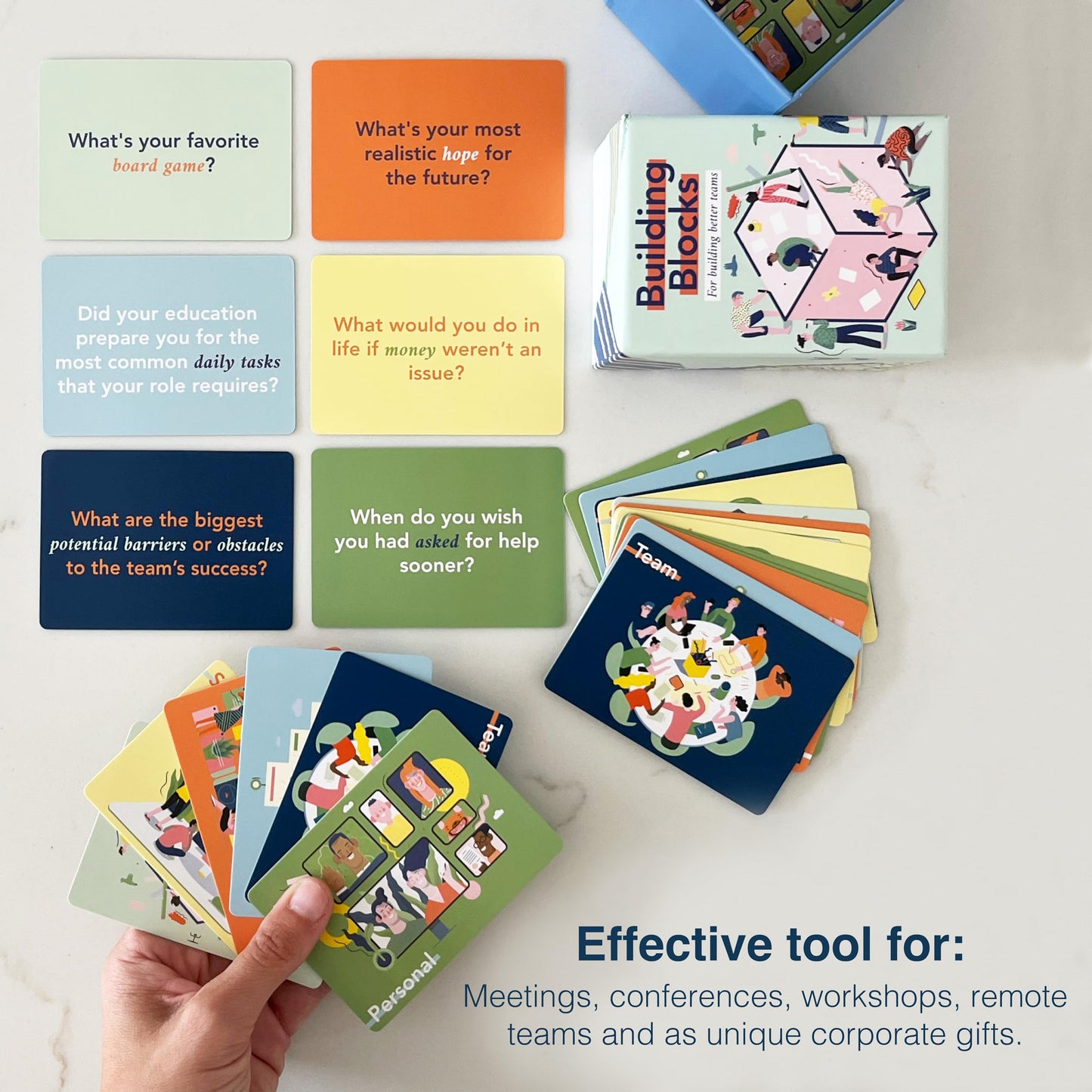 FLUYTCO Building Blocks: Team Building Card Game for Work – 150 Ice Breakers & Prompts