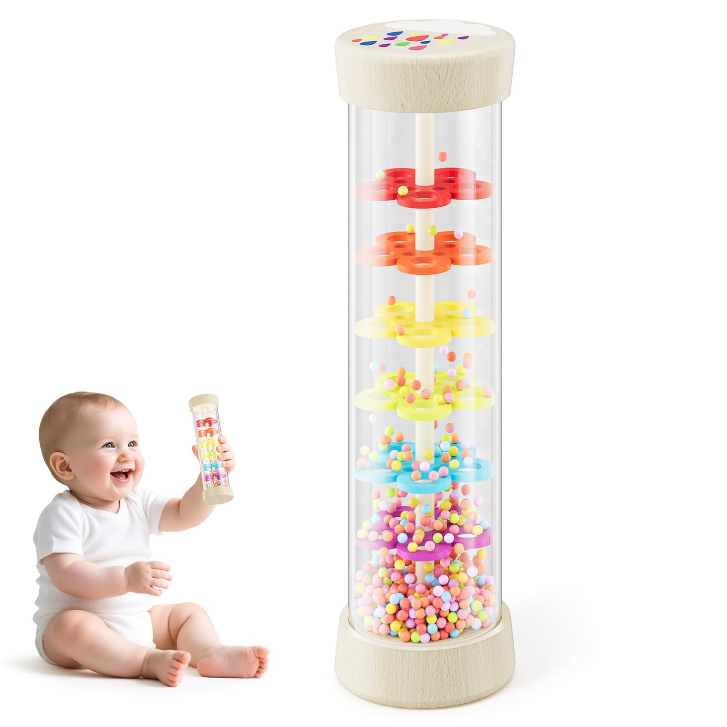 Flwedora Rainmaker Toy – Montessori Wooden Sensory Toy for 0+ Months (7.7 Inch)