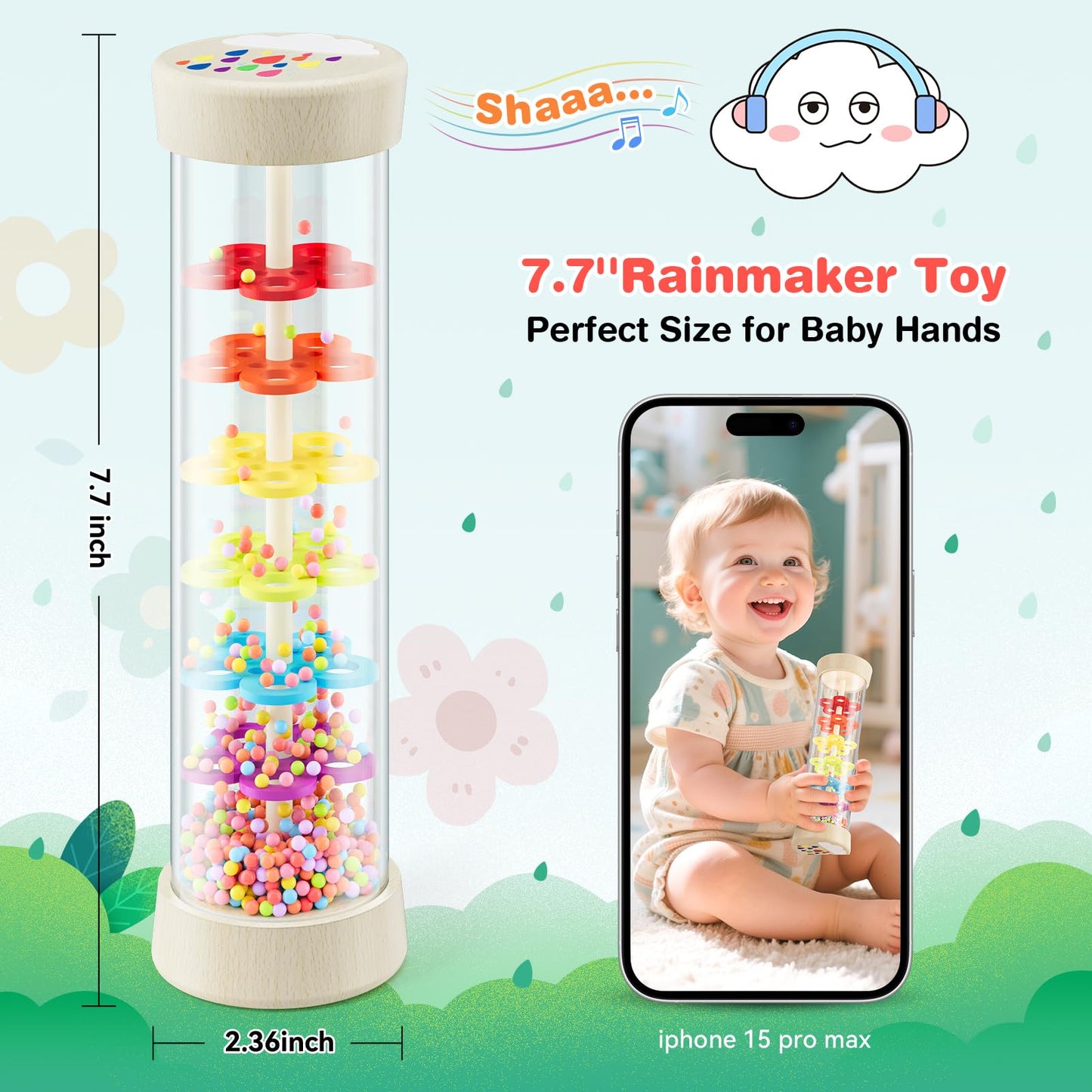 Flwedora Rainmaker Toy – Montessori Wooden Sensory Toy for 0+ Months (7.7 Inch)