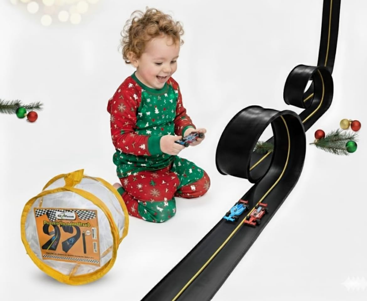 FLXTRACK Flexible Race Car Track Set — 5.1m, Double-Sided, 2 Cars, Suction Cup, Zip Storage Bag