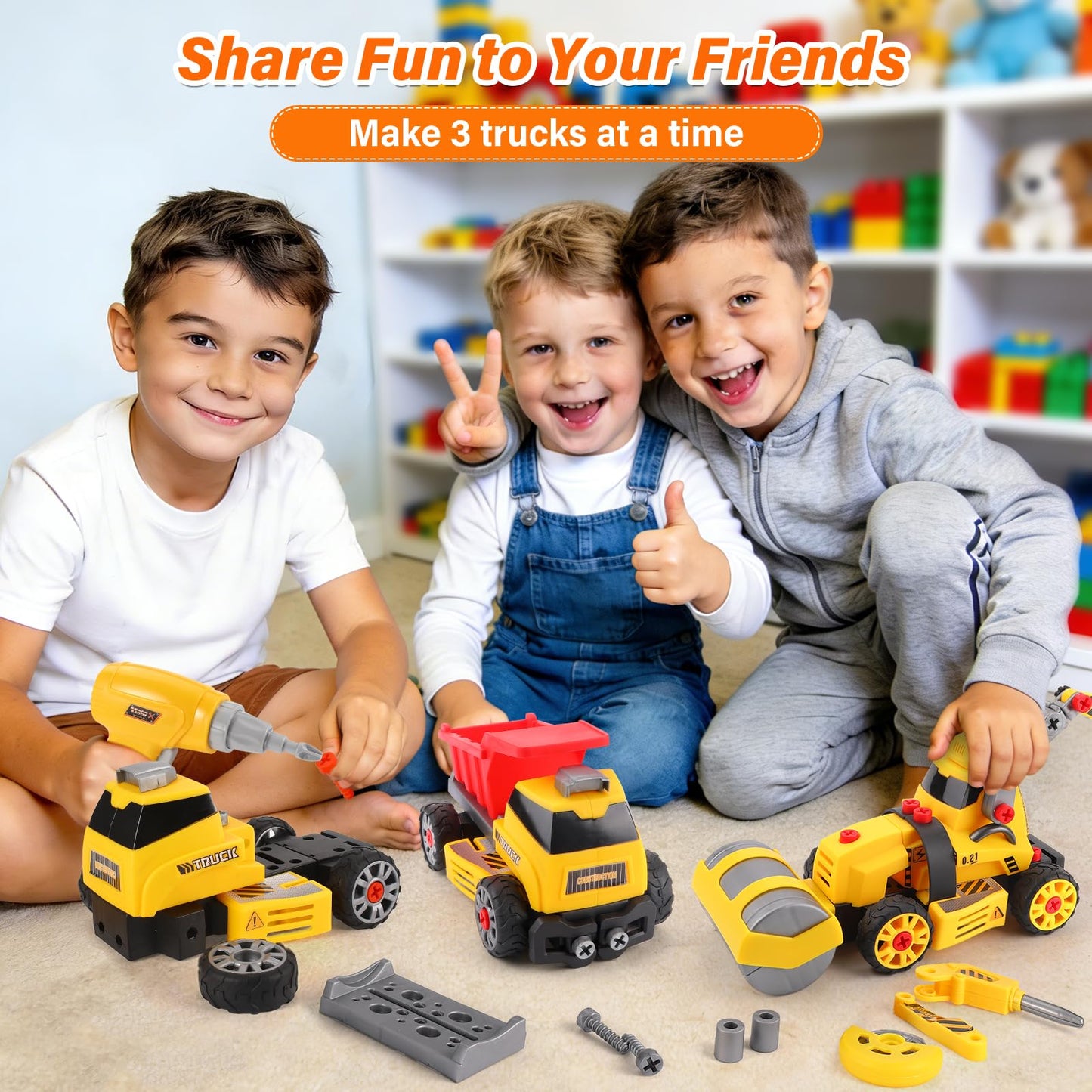 FLY2SKY Take-Apart Construction Trucks – DIY STEM Toy for Kids 3–12