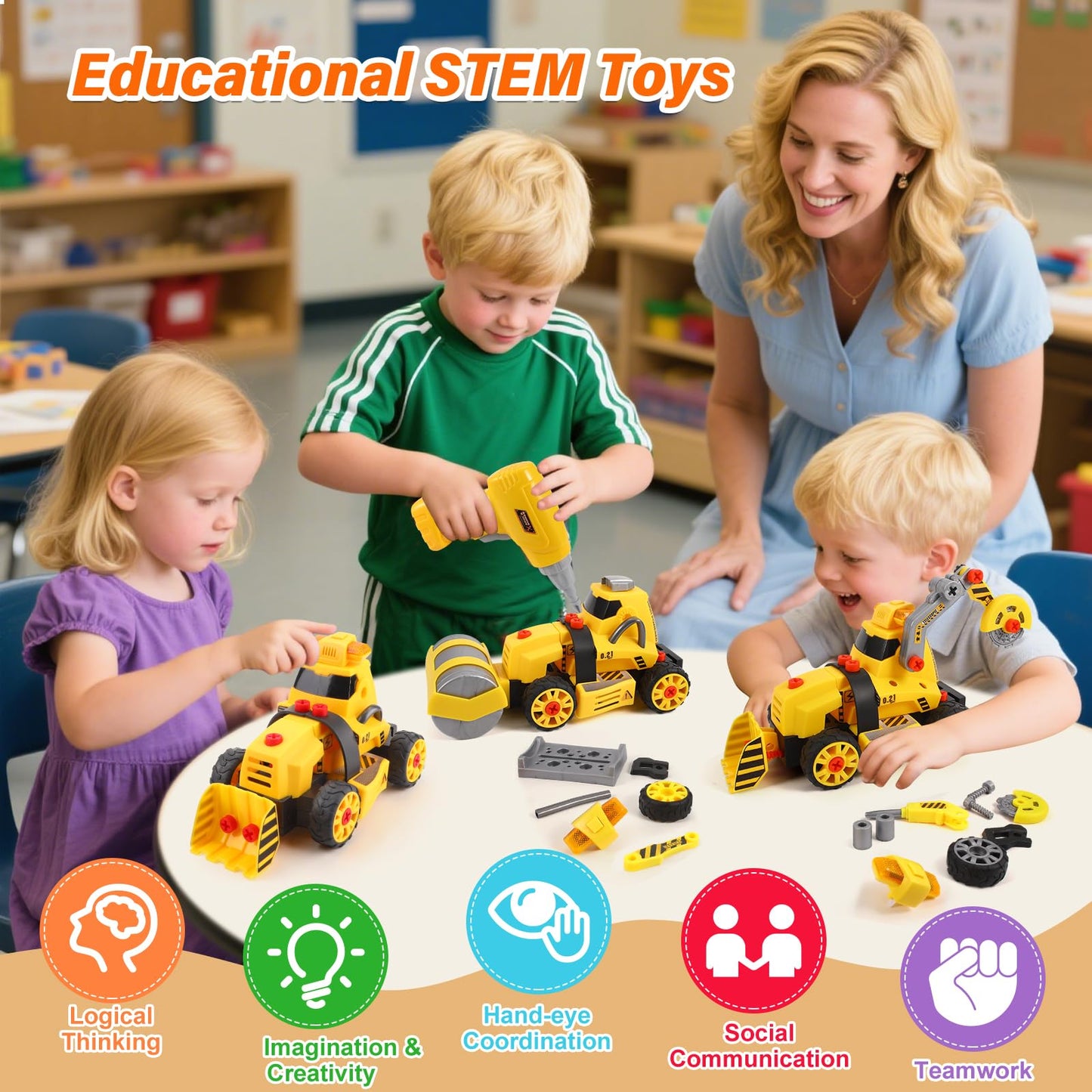 FLY2SKY Take-Apart Construction Trucks – DIY STEM Toy for Kids 3–12