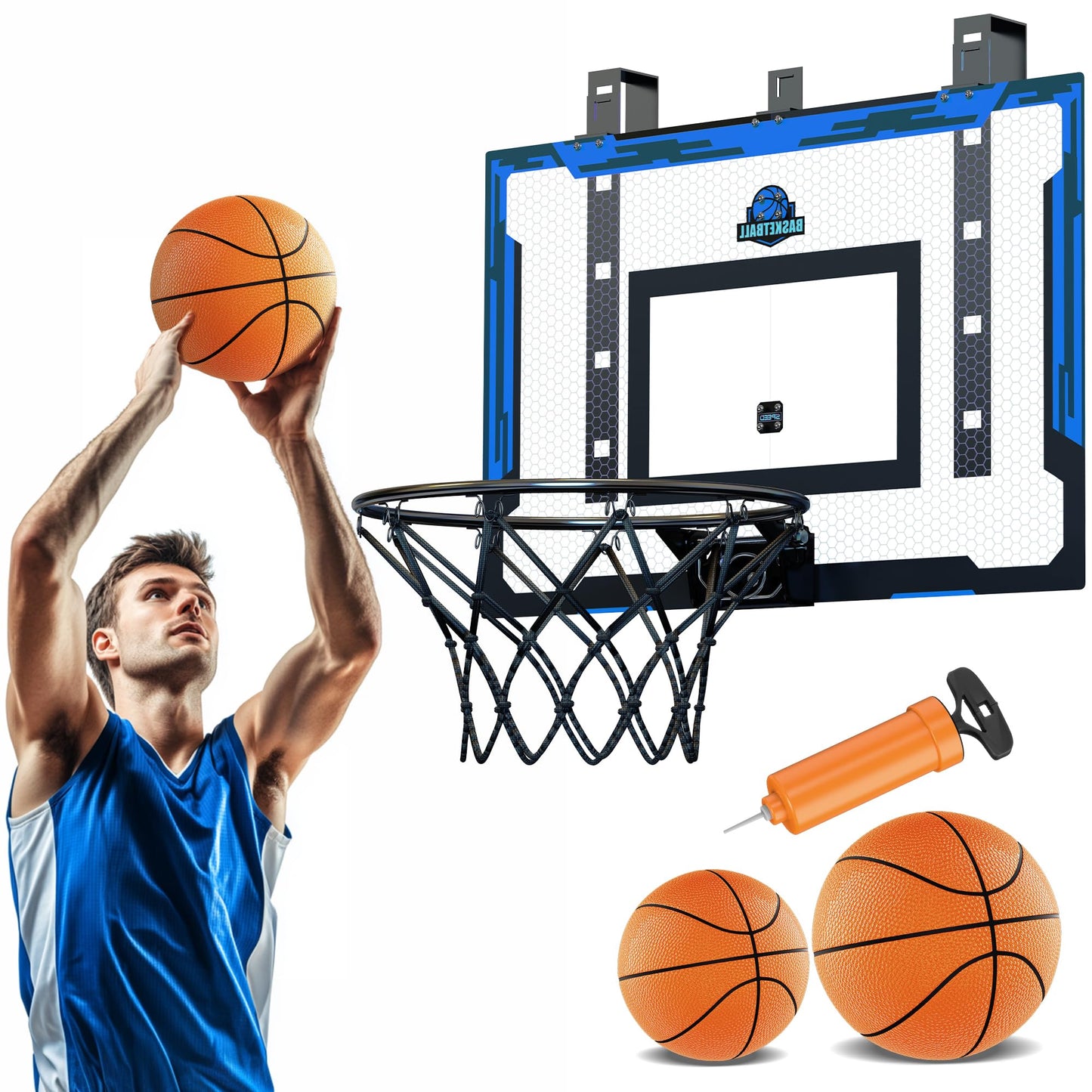 Flybakiz 24x16 Indoor Basketball Hoop – Over-the-Door, Adjustable Height, Complete Accessories