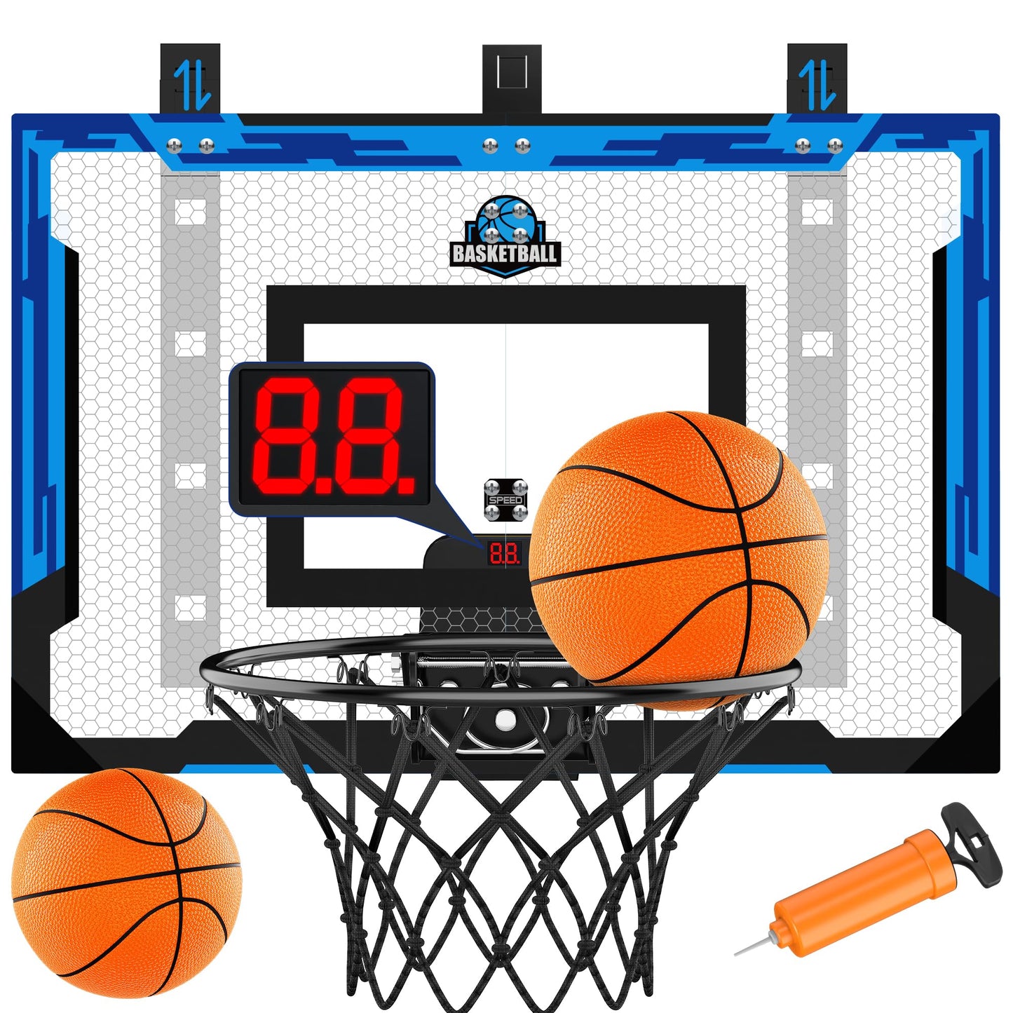 FlyBakiz 24x16 Indoor Basketball Hoop – Over-the-Door, Adjustable Height, Scoreboard, 2 Balls