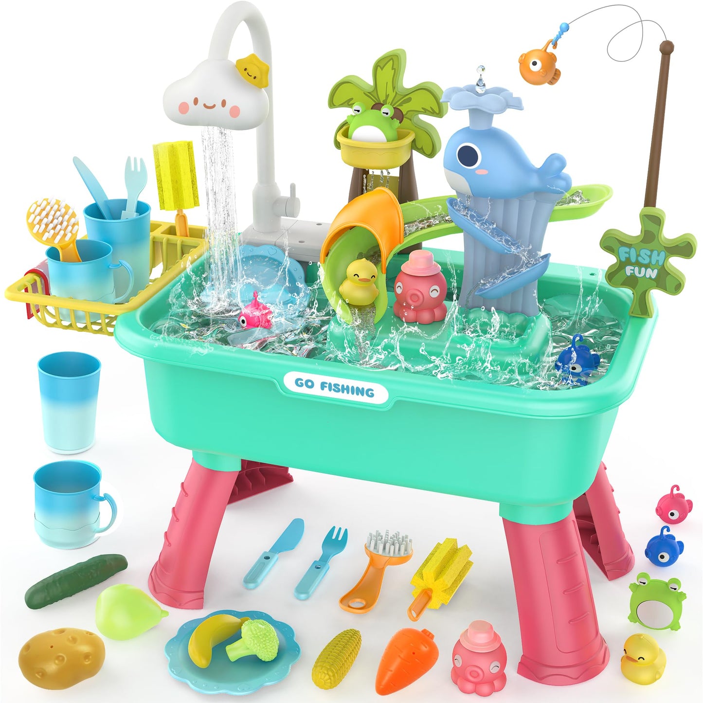 Flybakiz 4-in-1 Kitchen Play Sink with Running Water – Color-Changing Water Table Toy