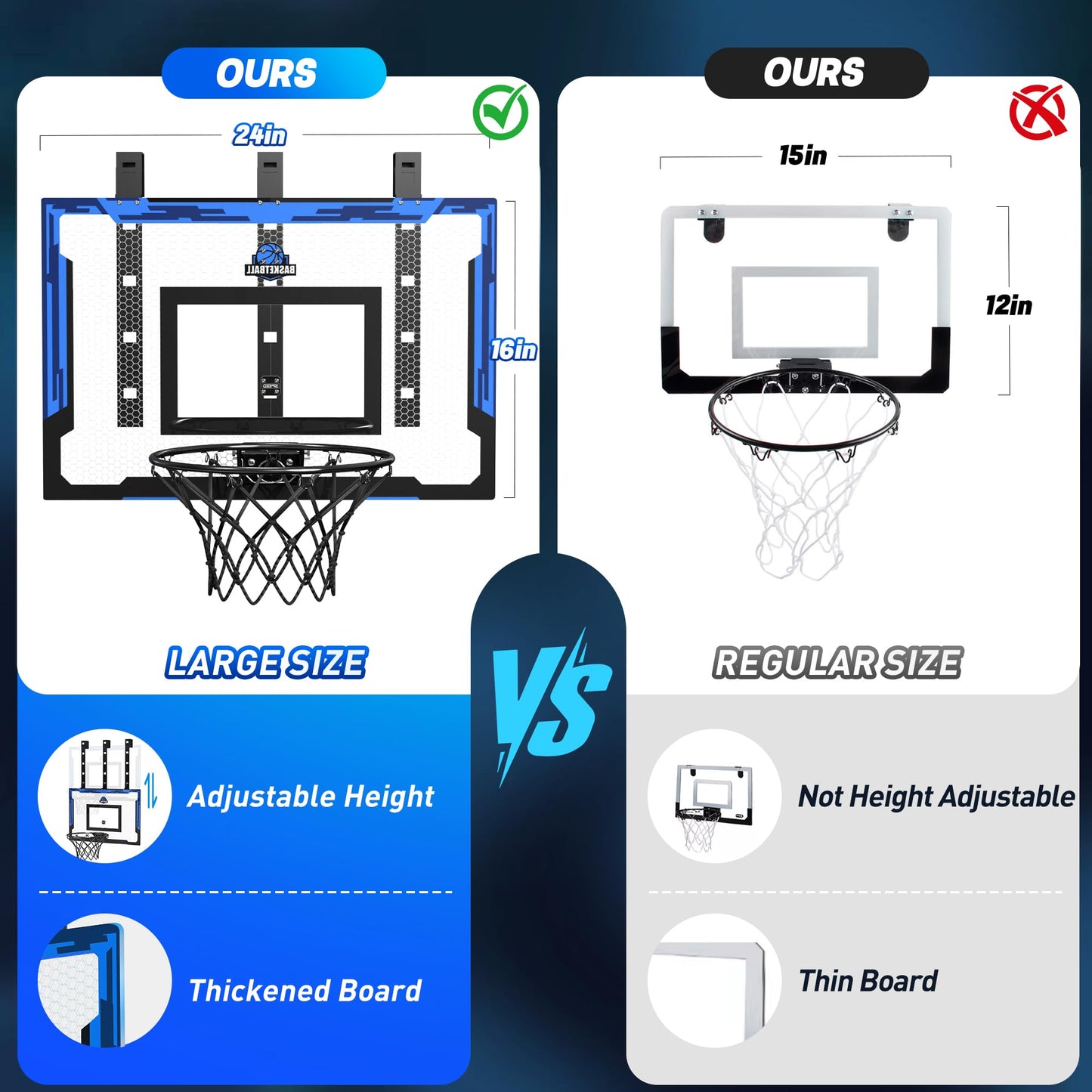 Flybakiz 24x16 Indoor Basketball Hoop – Over-the-Door, Adjustable Height, Complete Accessories