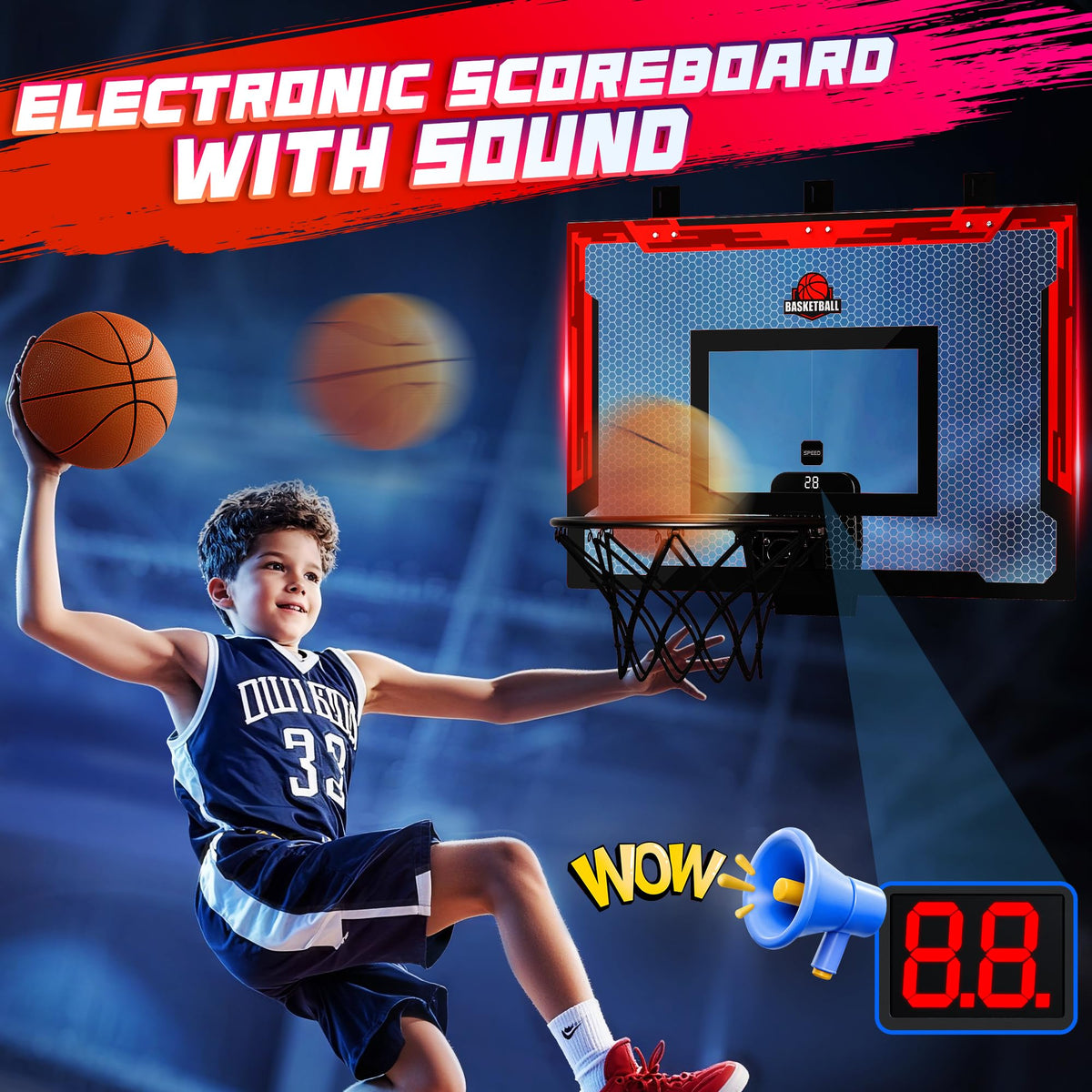 Flybakiz 24x16 Indoor Large Basketball Hoop Toy – Adjustable Over-The-Door Hoop with Scoreboard and 2 Balls (Red)