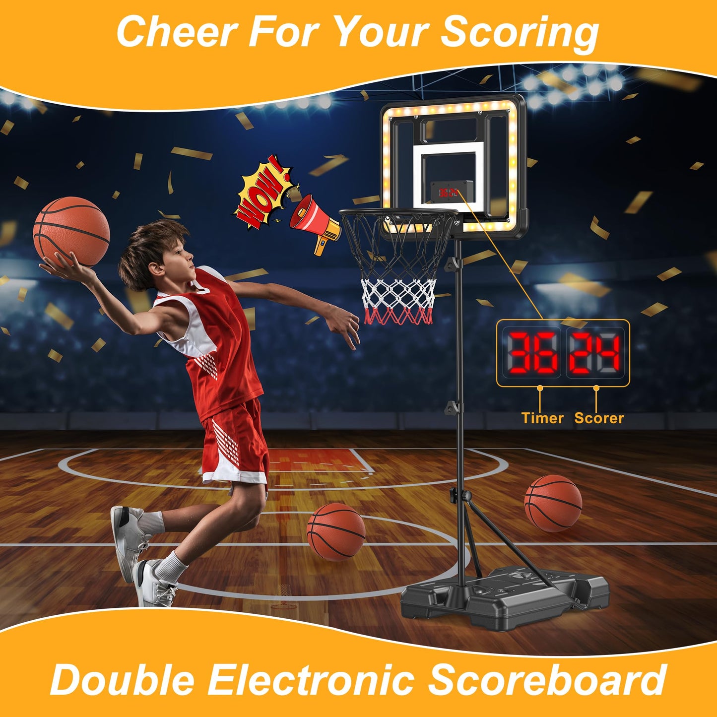 Flybakiz Kids Indoor Basketball Hoop with Scoreboard & Timer — Adjustable Height 2.98 ft to 5.8 ft