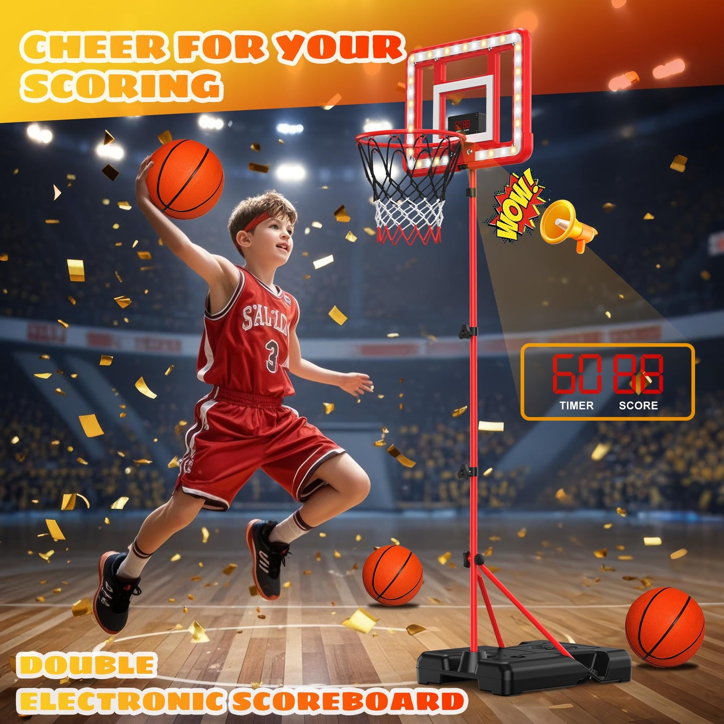 FlyBakiz Kids Indoor Basketball Hoop with Scoreboard & Timer – Adjustable Height, Red Stand